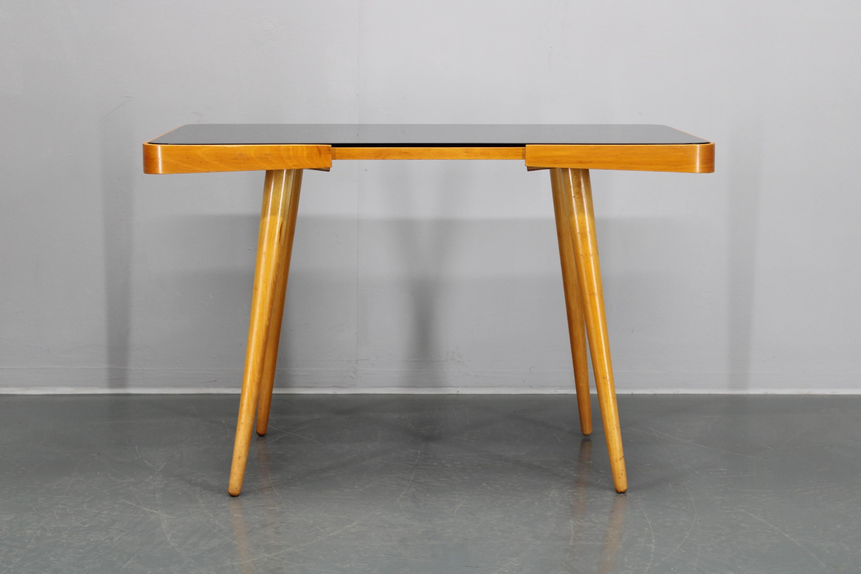 Mid-Century Modern 1960s Beech Coffee Table with Glass Top , Czechoslovakia For Sale