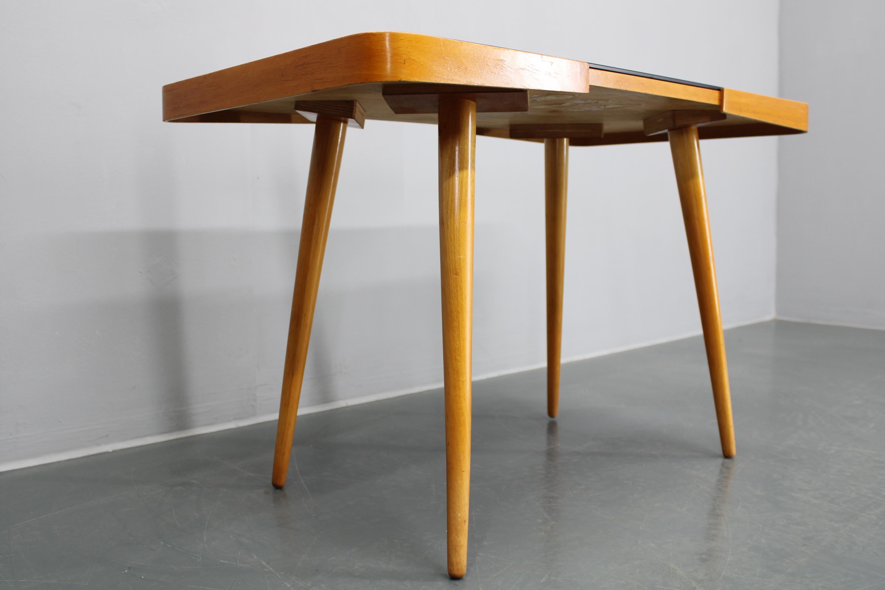 Wood 1960s Beech Coffee Table with Glass Top , Czechoslovakia For Sale