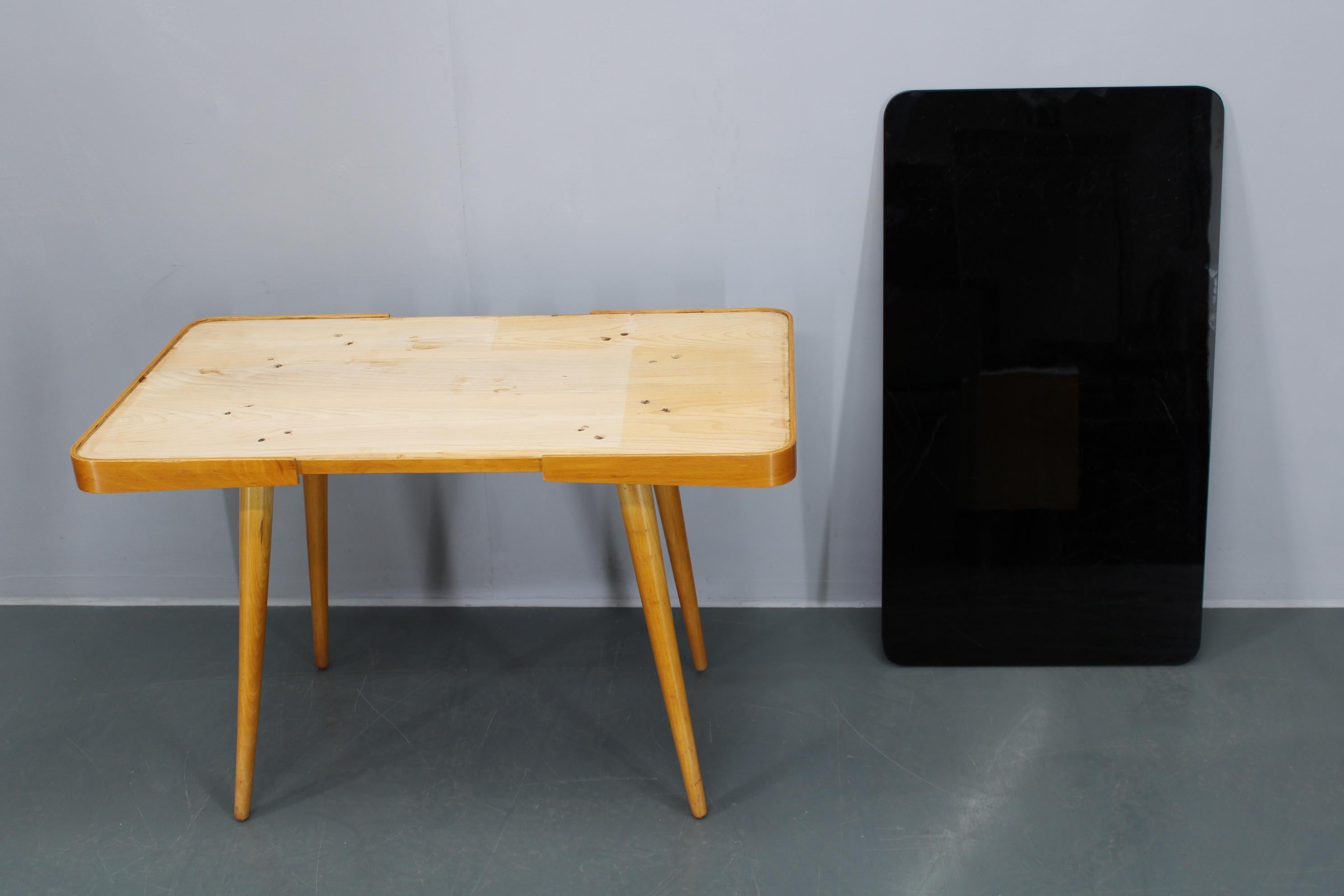 1960s Beech Coffee Table with Glass Top , Czechoslovakia For Sale 2