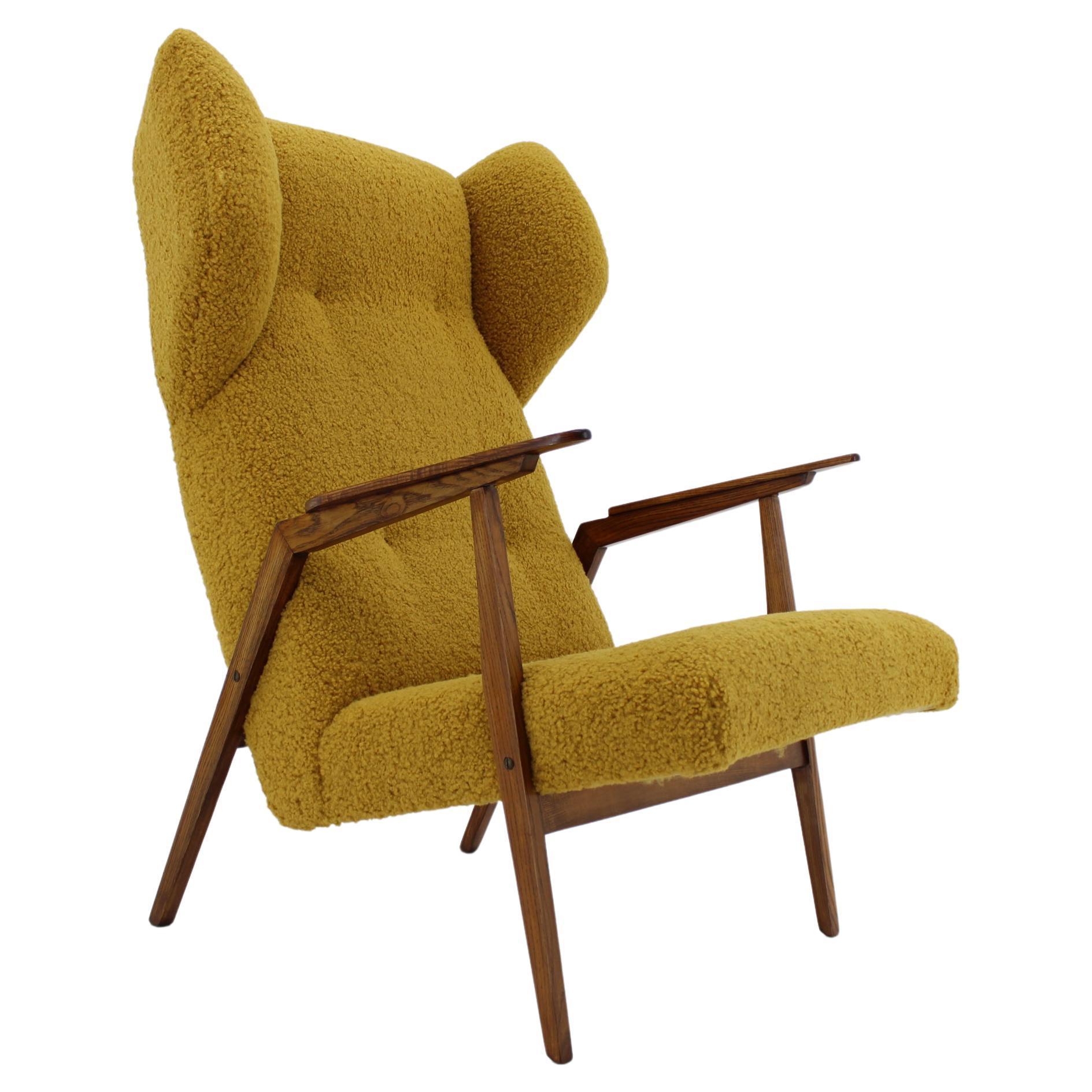 1960s Beech Wing Chair in Sheep Skin Fabric, Restored For Sale