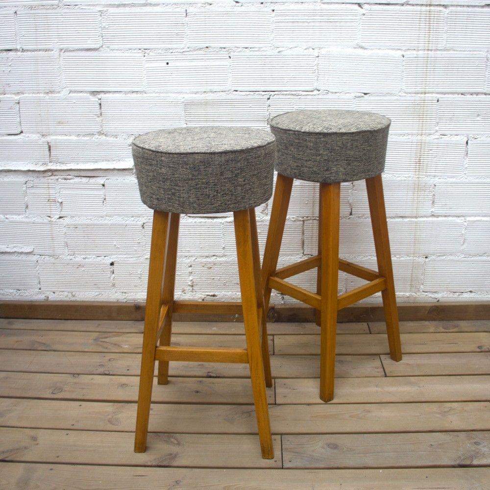 Spanish 1960s Beechwood Stools with Upholstered Gray Seats For Sale