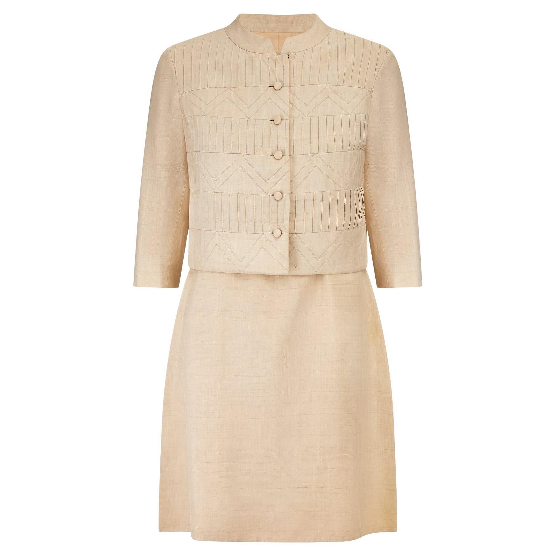 1960s Beige Linen Geometric Design Dress Suit For Sale