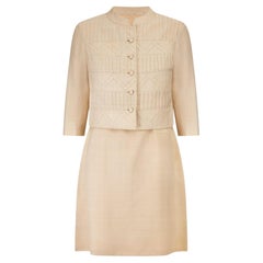 Vintage 1960s Beige Linen Geometric Design Dress Suit