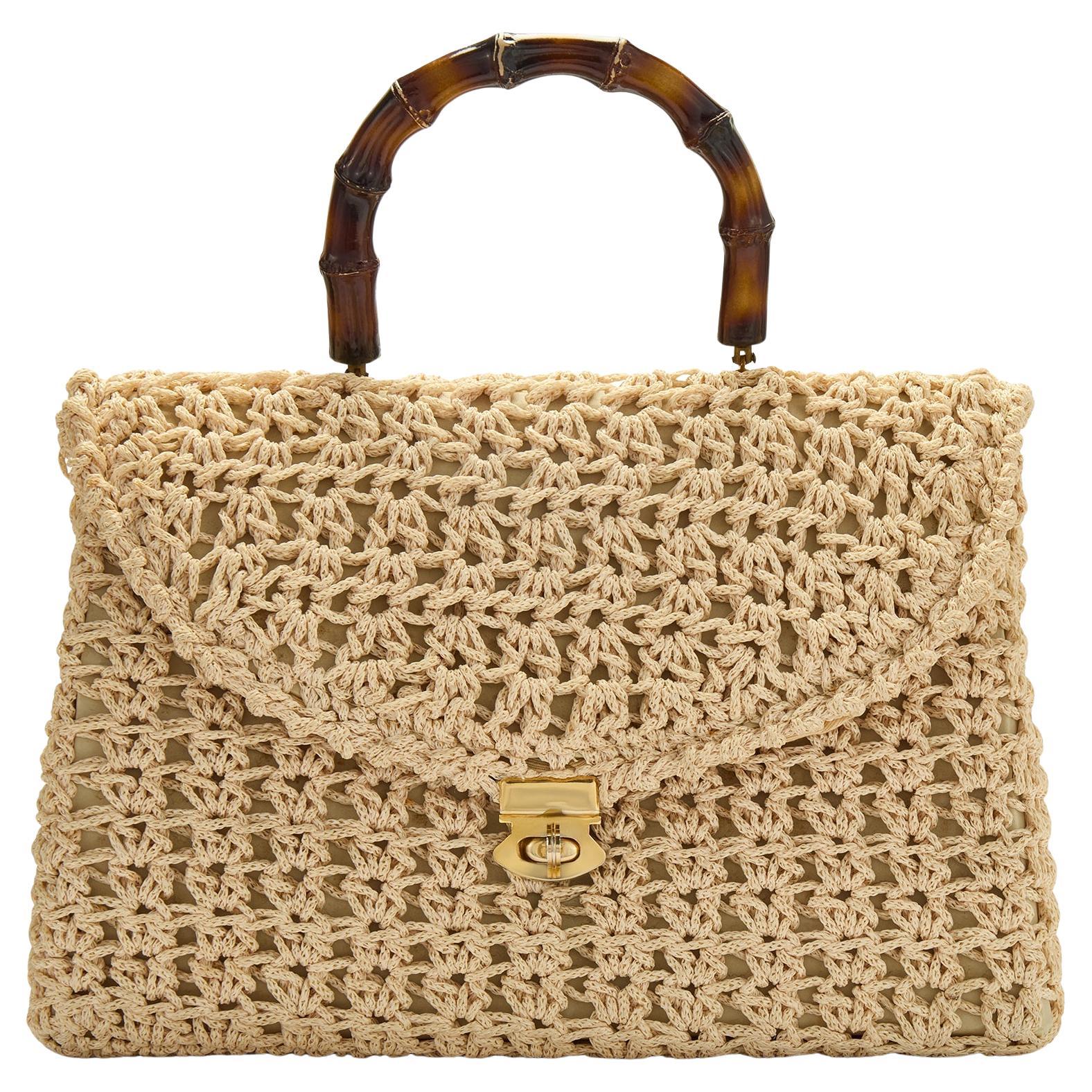 Sac en macramé beige des années 1960 avec anse supérieure
