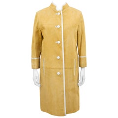 1960s Beige Suede Coat with Cream Piping and Plaid Lining 