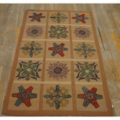 1960s Beige Vintage Geometric Initals EM 63 American Folk Art Hooked Wool Rug