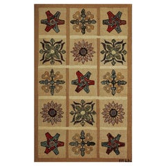 1960s Beige Vintage Geometric Initals EM 63 American Folk Art Hooked Wool Rug