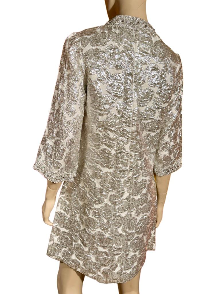 1960’s Bejeweled Silver Brocade A-Line Dress In Excellent Condition In Greenport, NY