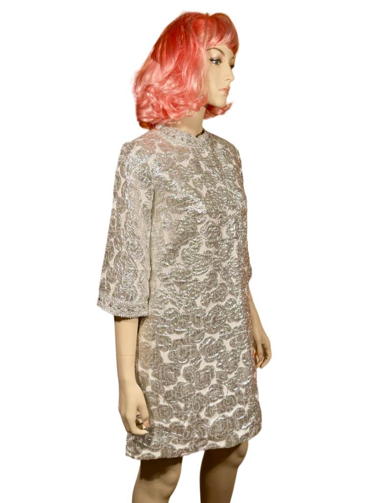 1960’s Bejeweled Silver Brocade A-Line Dress 1