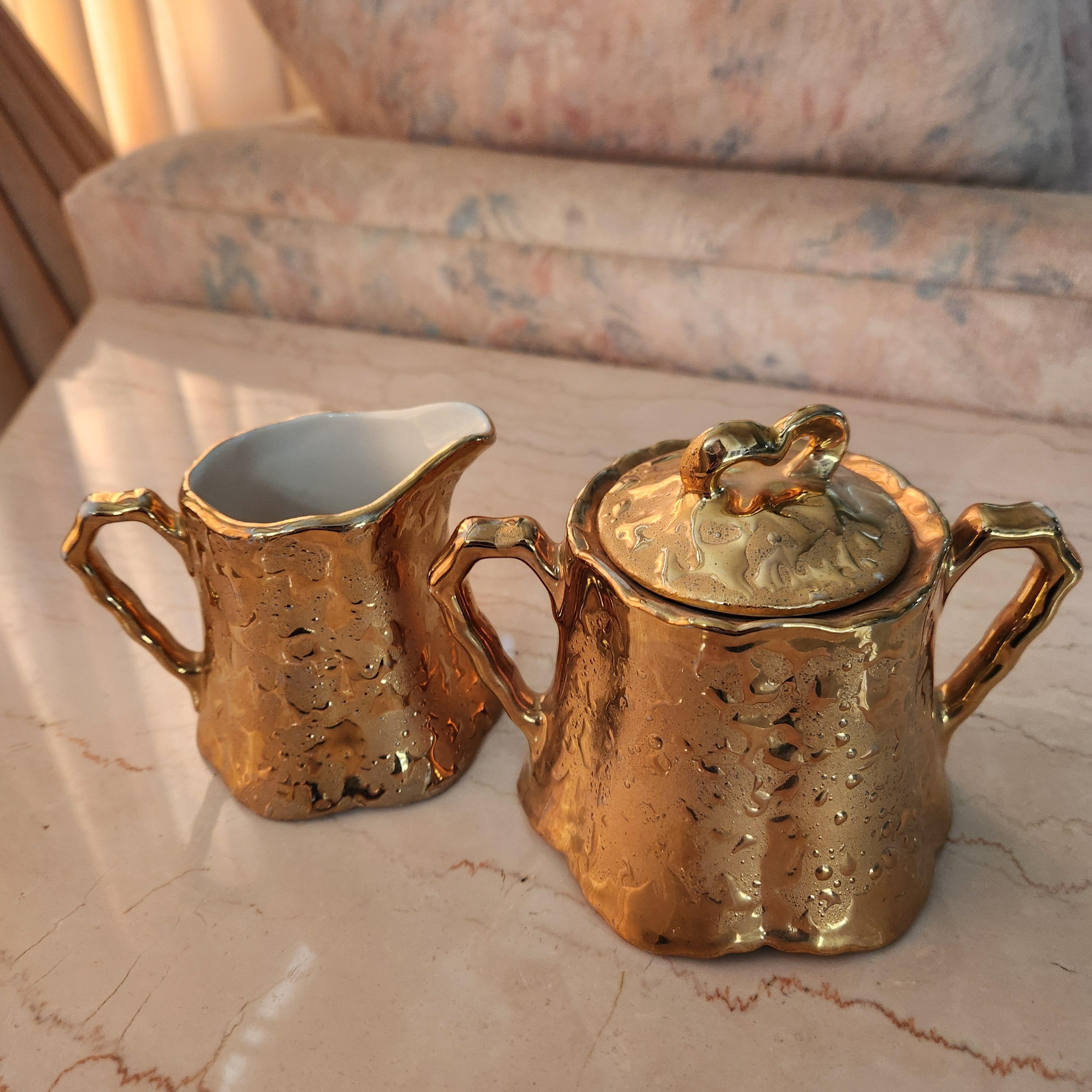 1960s Bel Terr China Creamer + Sugar Set Weeping Gold 22kt For Sale 3