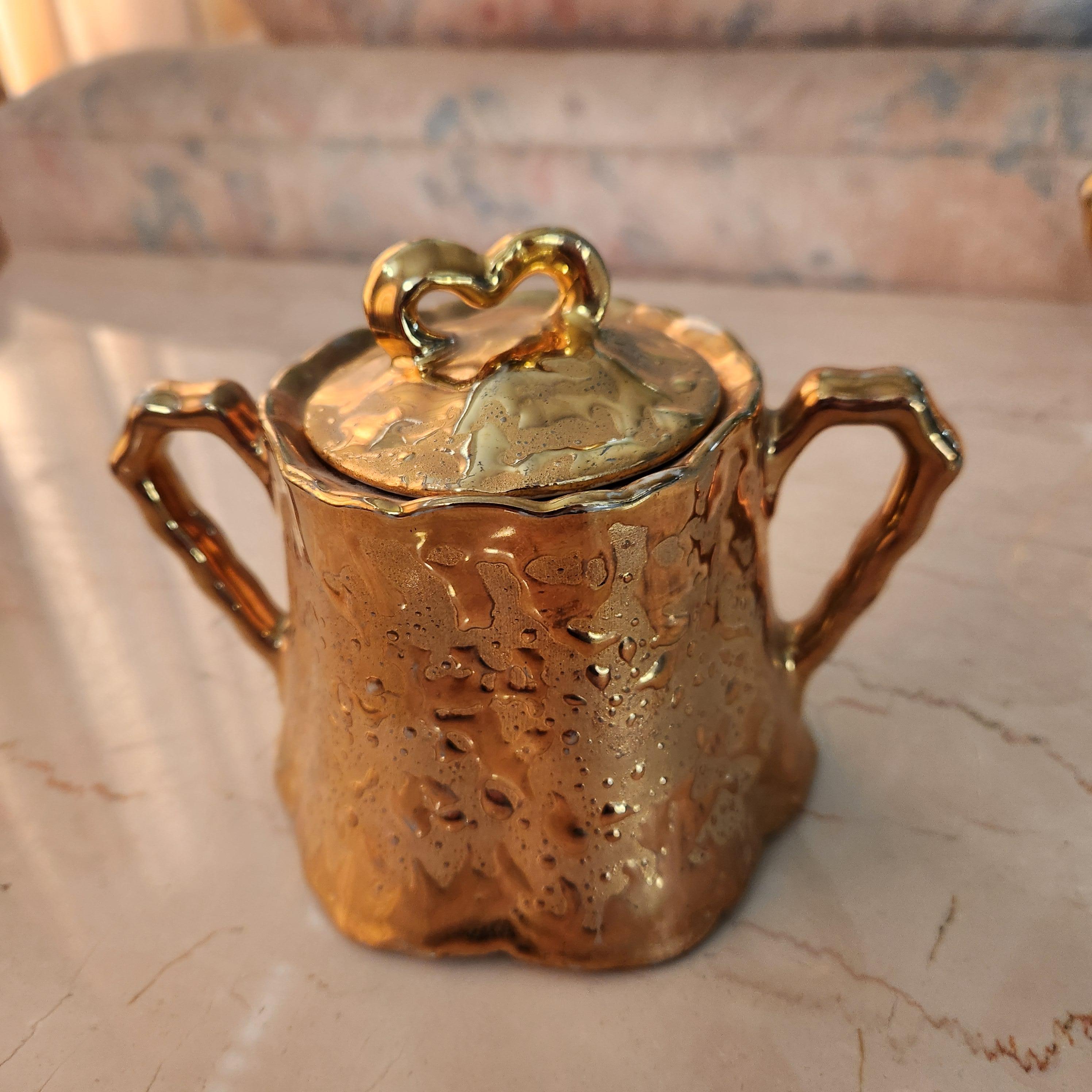 Ceramic 1960s Bel Terr China Creamer + Sugar Set Weeping Gold 22kt For Sale