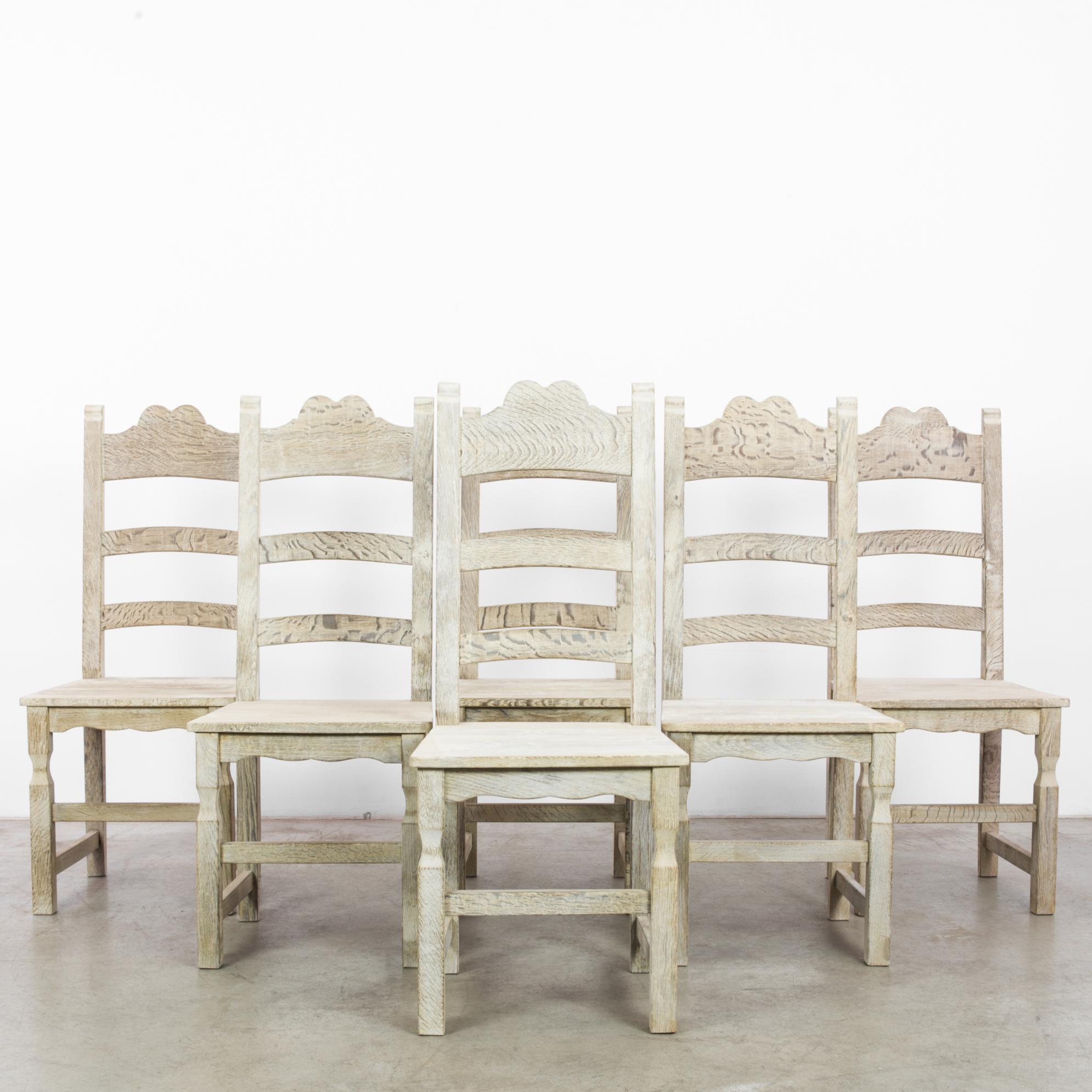 1960s Belgian Bleached Oak Dining Chairs, Set of Six 6