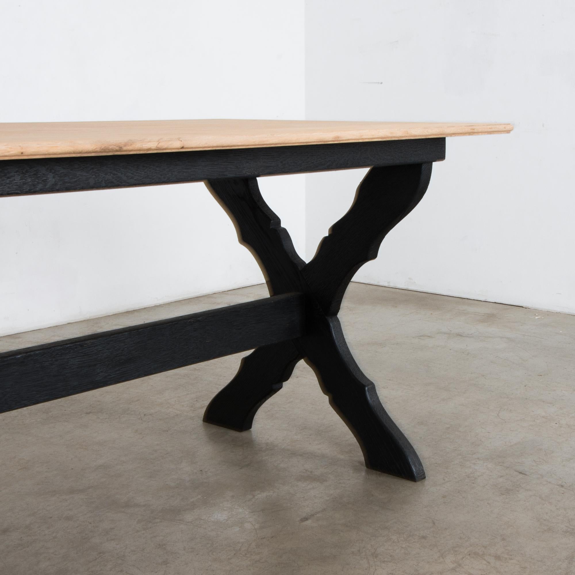 1960s Belgian Bleached Oak Table with Black Patinated Base In Good Condition In High Point, NC