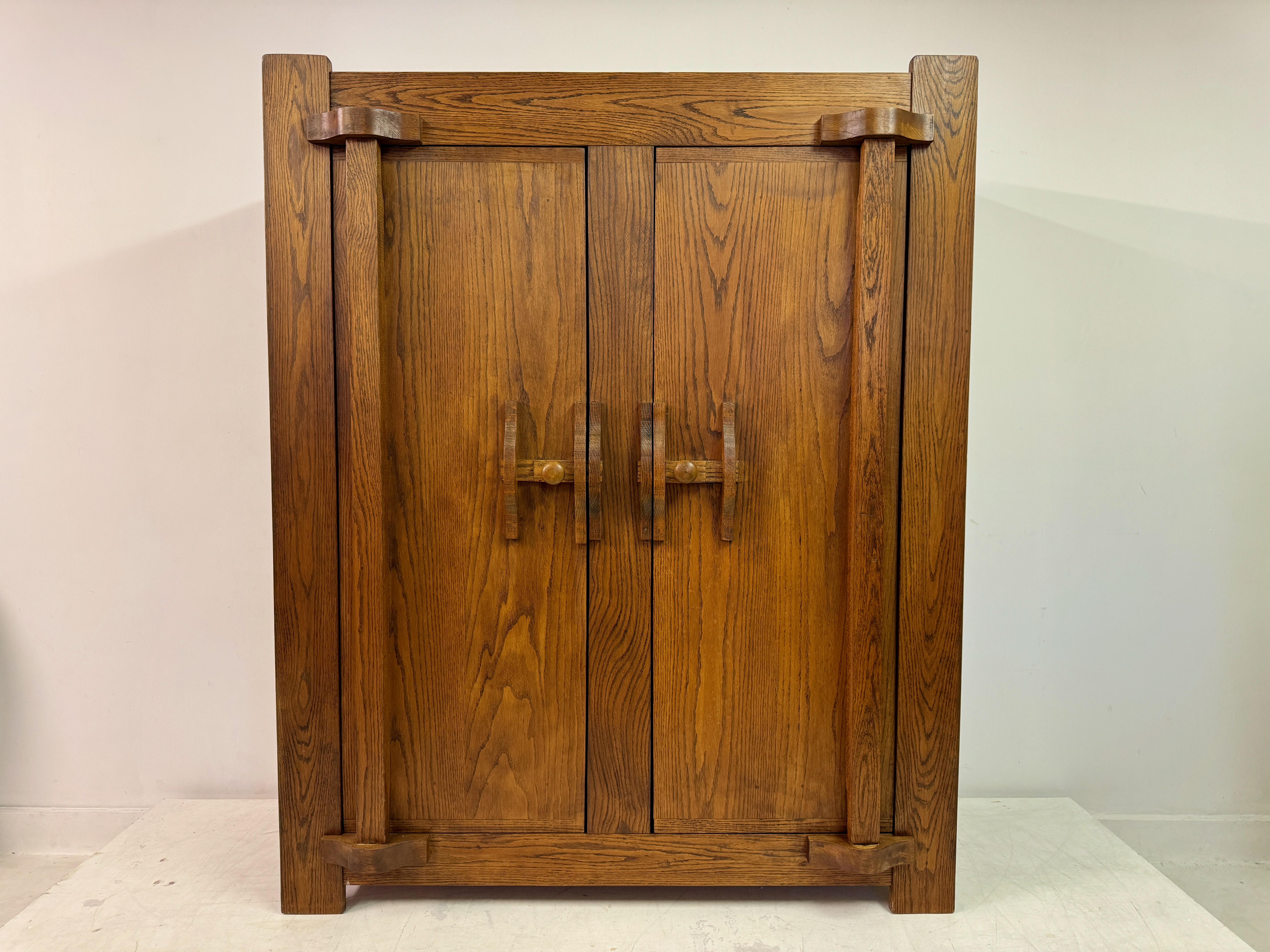 Arts and Crafts 1960s Belgian Brutalist Oak Cupboard Highboard or Wardrobe For Sale
