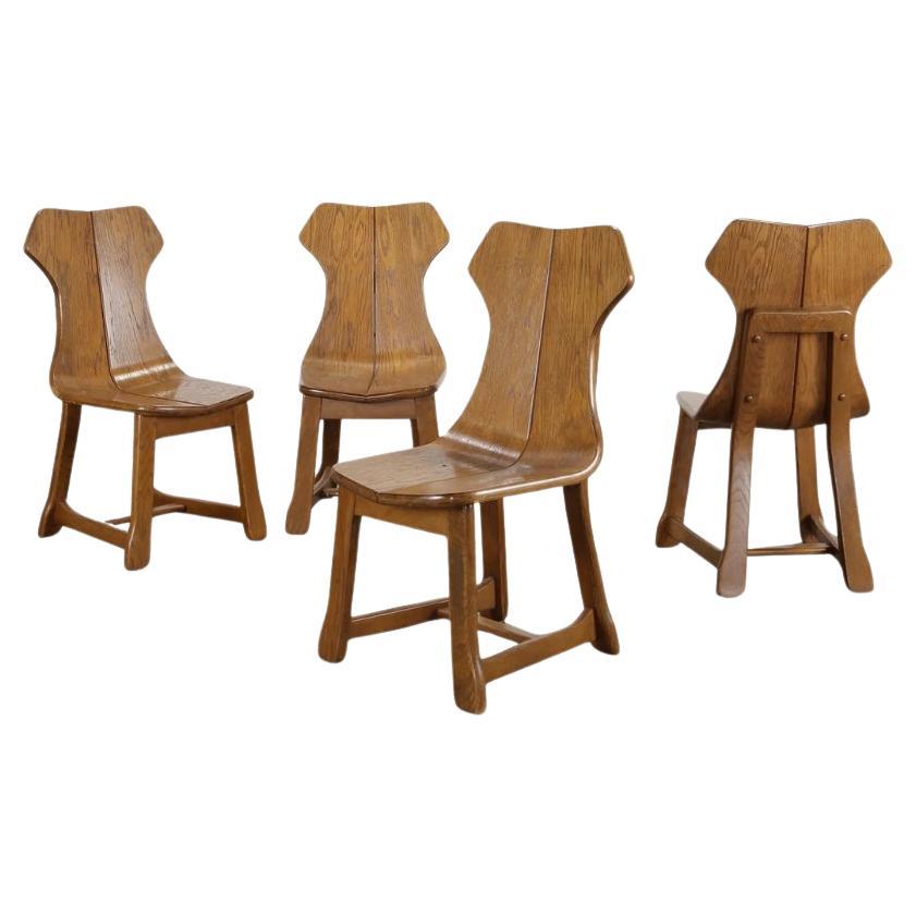 1960s Belgian Dark Wood Brutalist Chairs, Set of Four