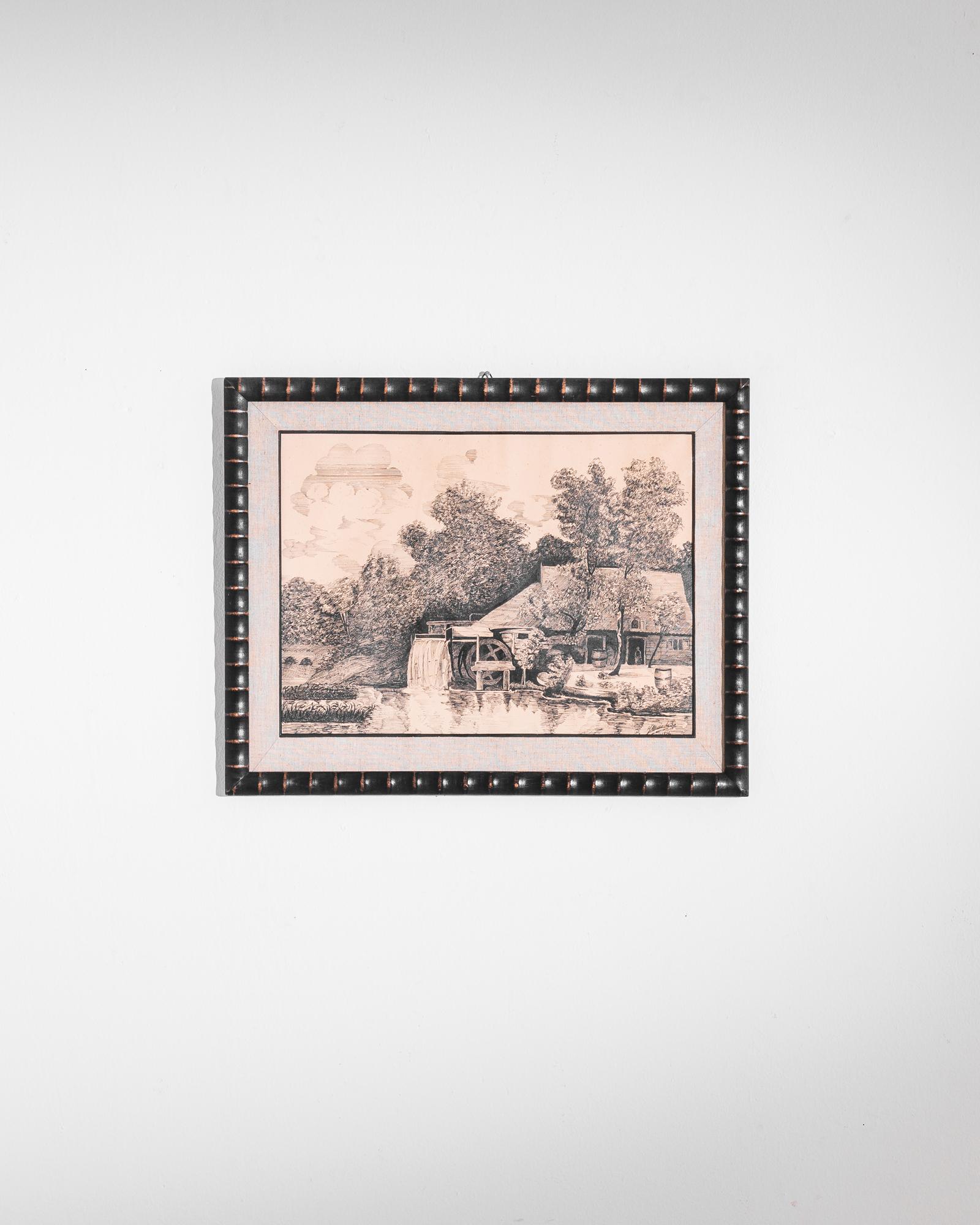 A pastoral etching from 1960s Belgium in a wooden frame. The image depicts a mill house by a stream. A wealth of closely observed detail — the wind in the trees, the reeds in the water, a pair of barrels and a small figure standing in the open