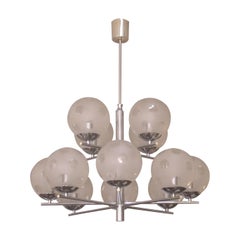 1960s Belgian Geometric Chrome and Frosted Glass Globe Chandelier