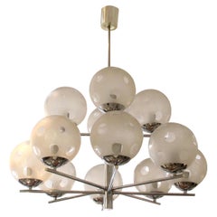 1960s Belgian Geometric Chrome and Frosted Glass Globe Chandelier