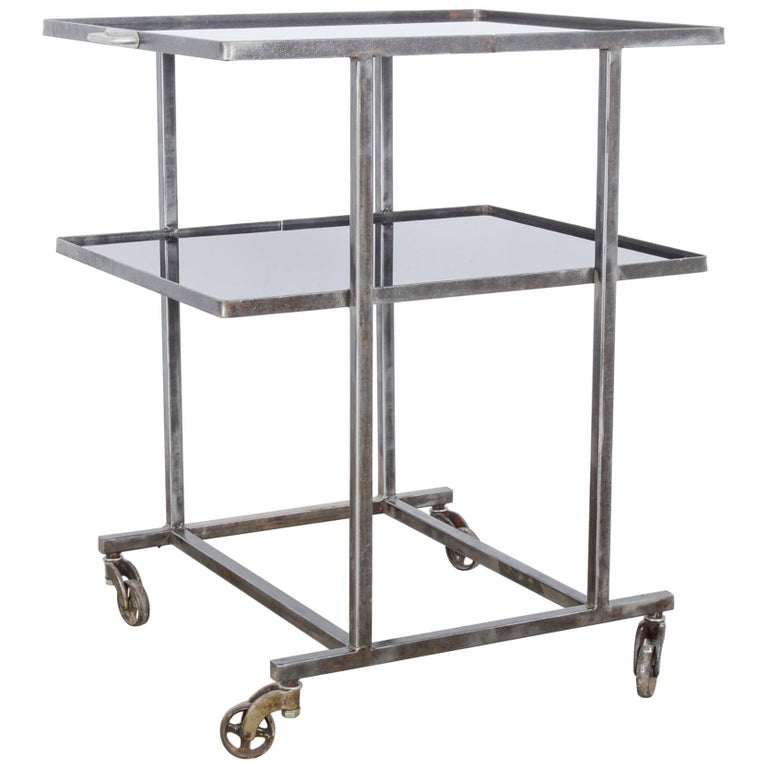1960s Belgian GlassTop Metal Belgian Bar Cart on Wheels For Sale at