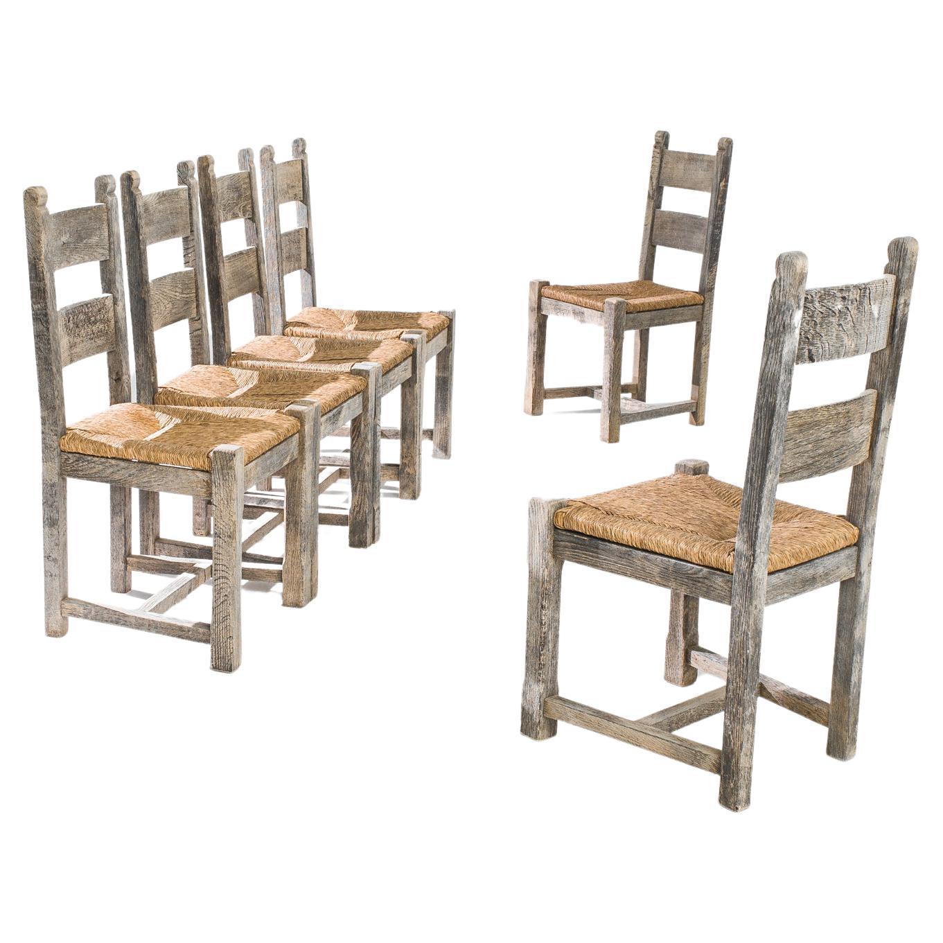 1960s Belgian Oak Dining Chairs with Rattan Seats, Set of Six