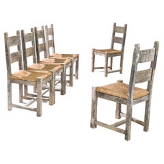1960s Belgian Oak Dining Chairs with Rattan Seats, Set of Six