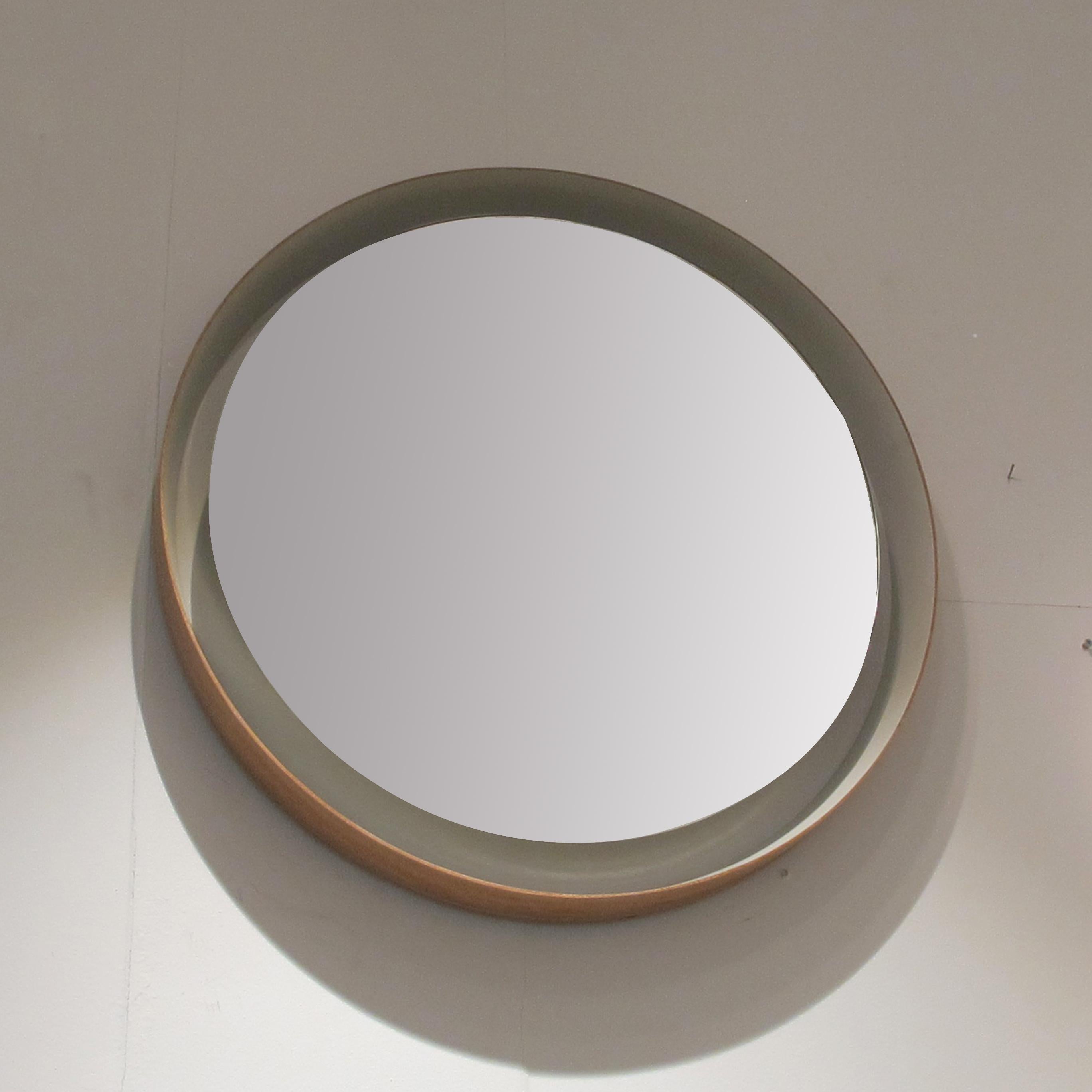 Mid-Century Modern 1960s Belgian Wall Mounted Modernist Round Backlit Illuminated Wood Frame Mirror