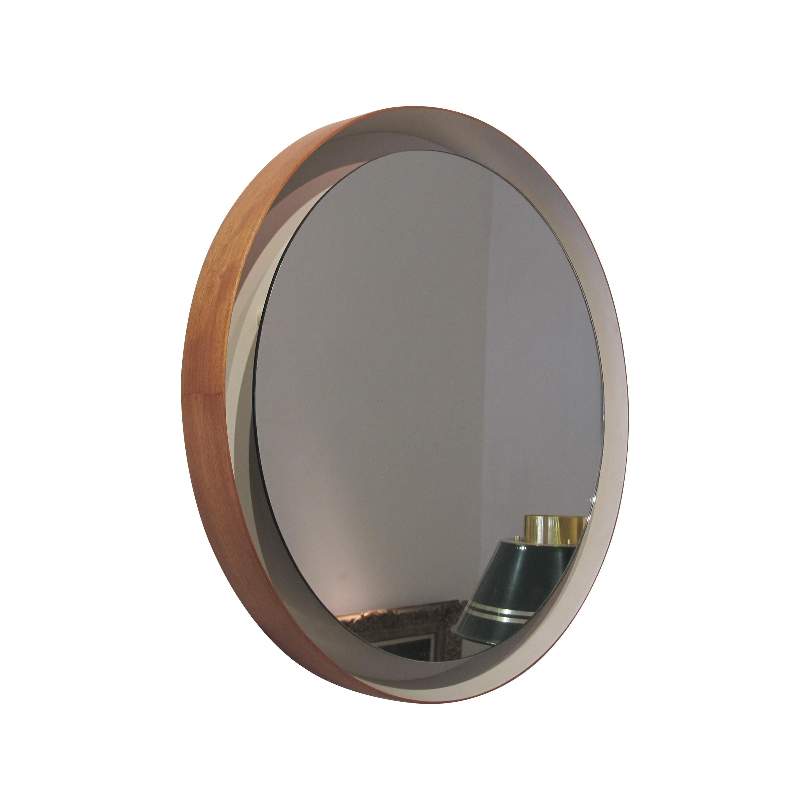 Mid-20th Century 1960s Belgian Wall Mounted Modernist Round Backlit Illuminated Wood Frame Mirror