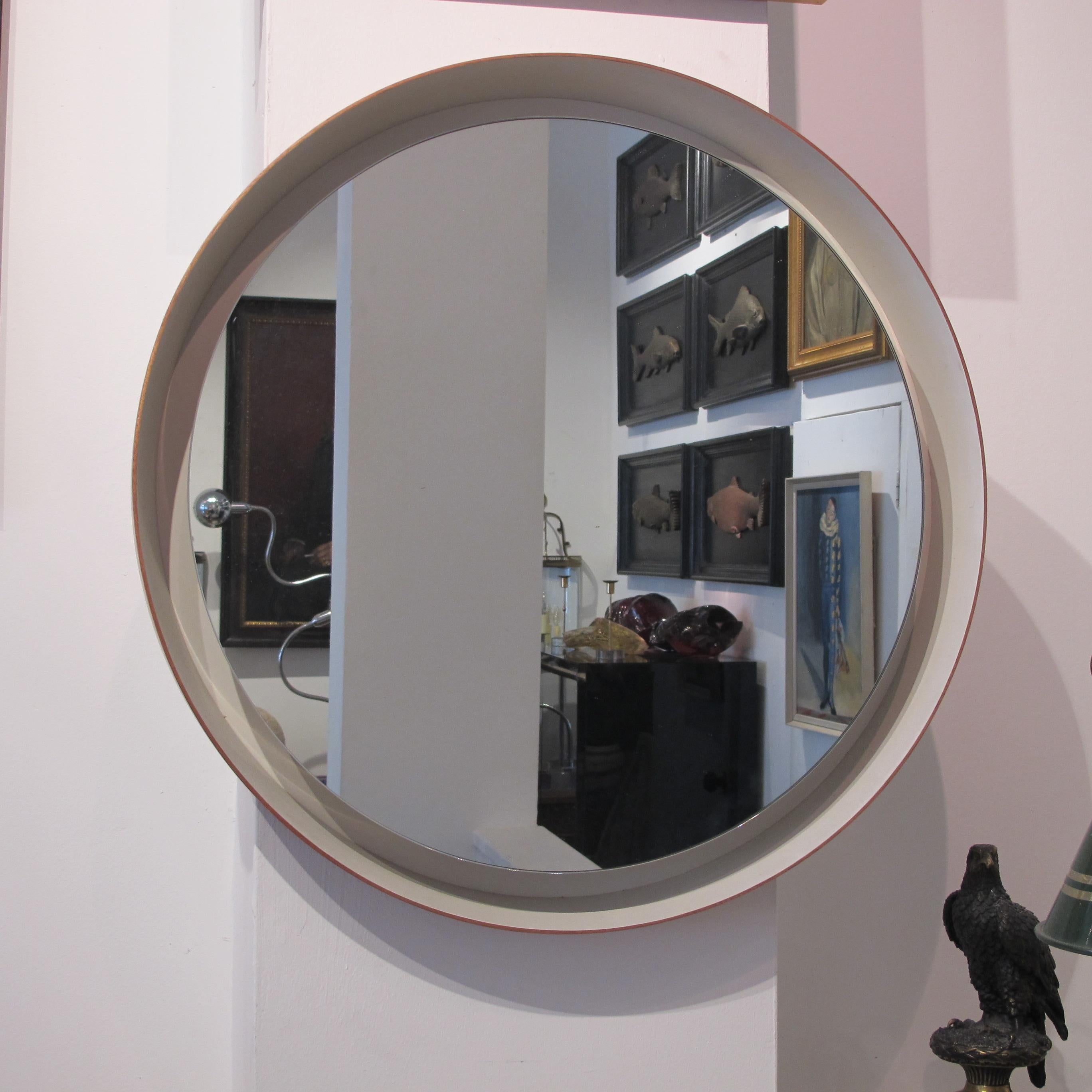 1960s Belgian Wall Mounted Modernist Round Backlit Illuminated Wood Frame Mirror 1