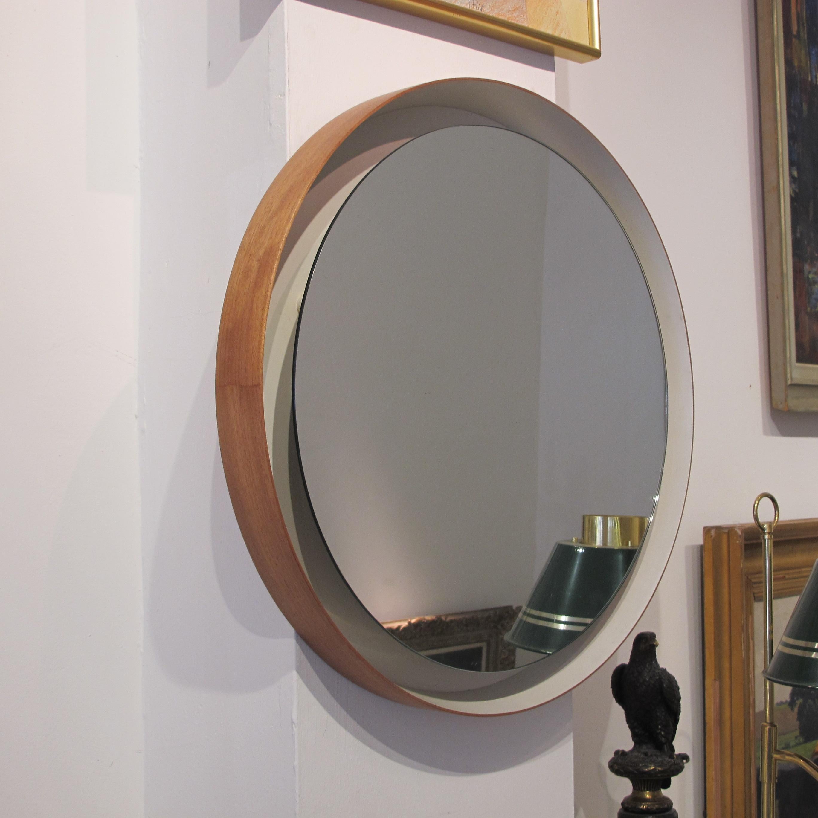 1960s Belgian Wall Mounted Modernist Round Backlit Illuminated Wood Frame Mirror 2