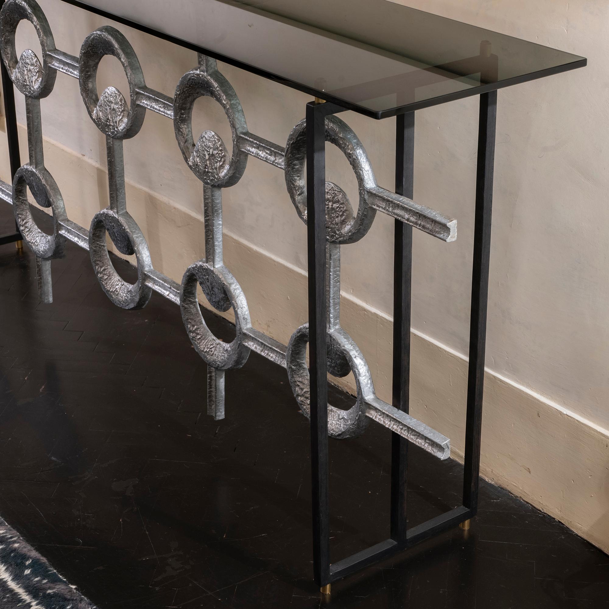 Mid-20th Century 1960s Belgium Aluminum Frieze Console, Black Steel Structure Grey Glass Top