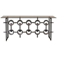 1960s Belgium Aluminum Frieze Console, Black Steel Structure Grey Glass Top