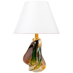 Vintage 1960s Belgium Doyen Green Crystal Hand Blown Lamp Base and Shade