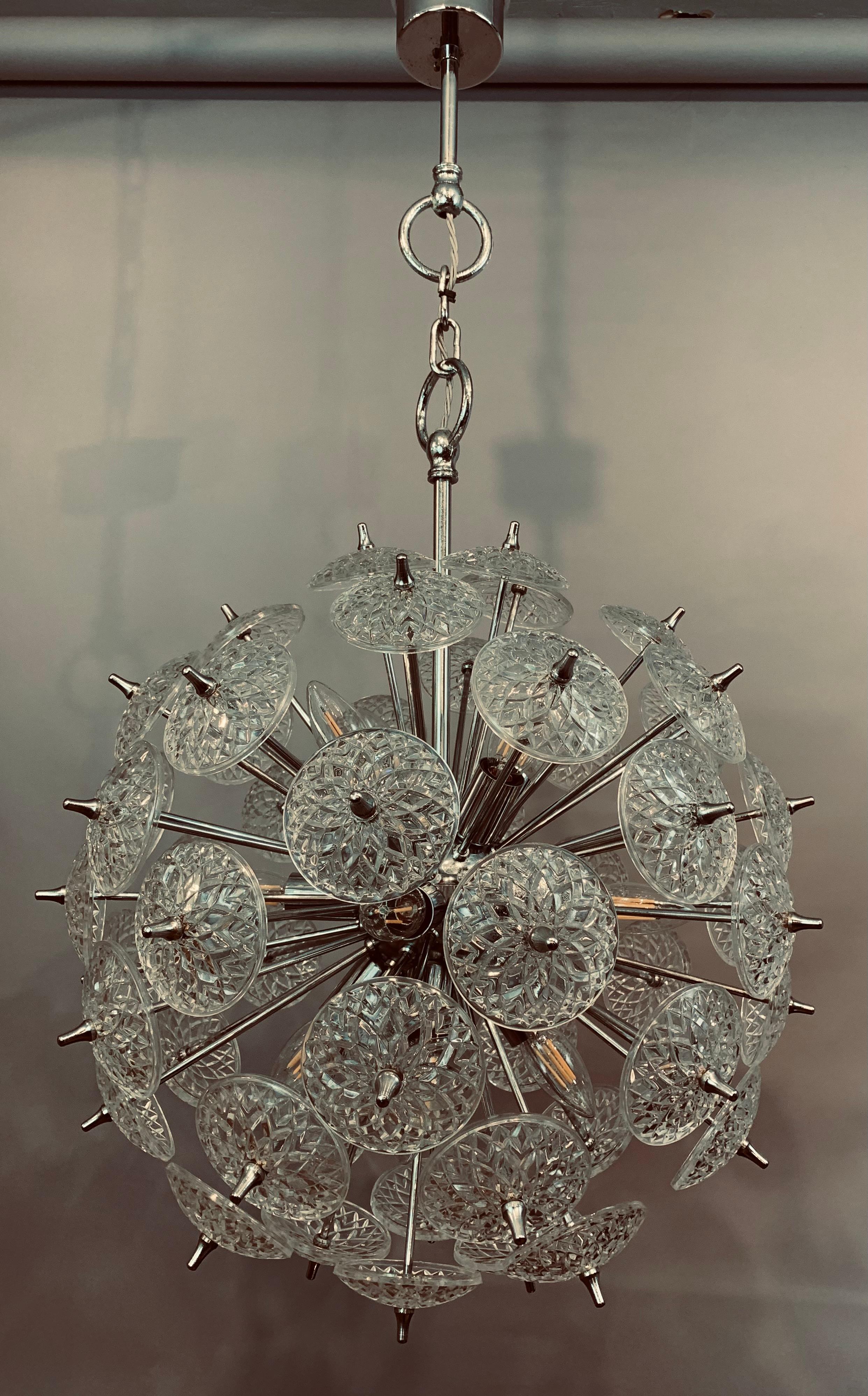 1960s Belgium Val St Lambert Cut Glass & Polished Chrome Sputnik Chandelier 4