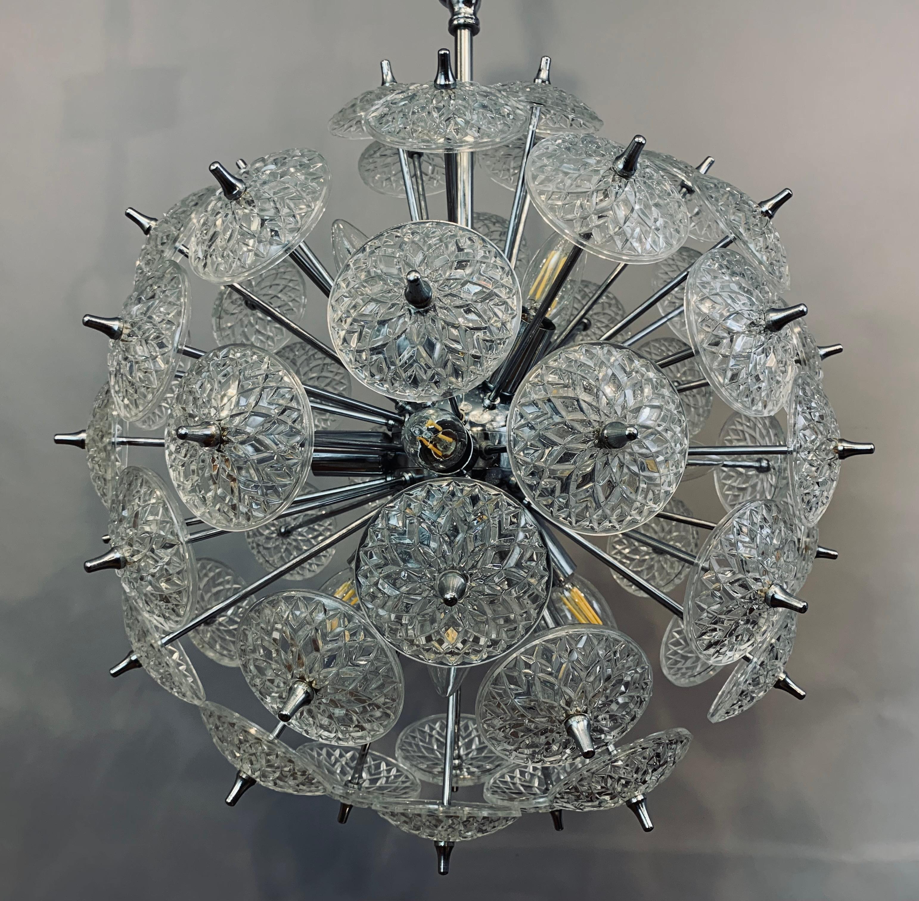 1960s Belgium Val St Lambert Cut Glass & Polished Chrome Sputnik Chandelier 6