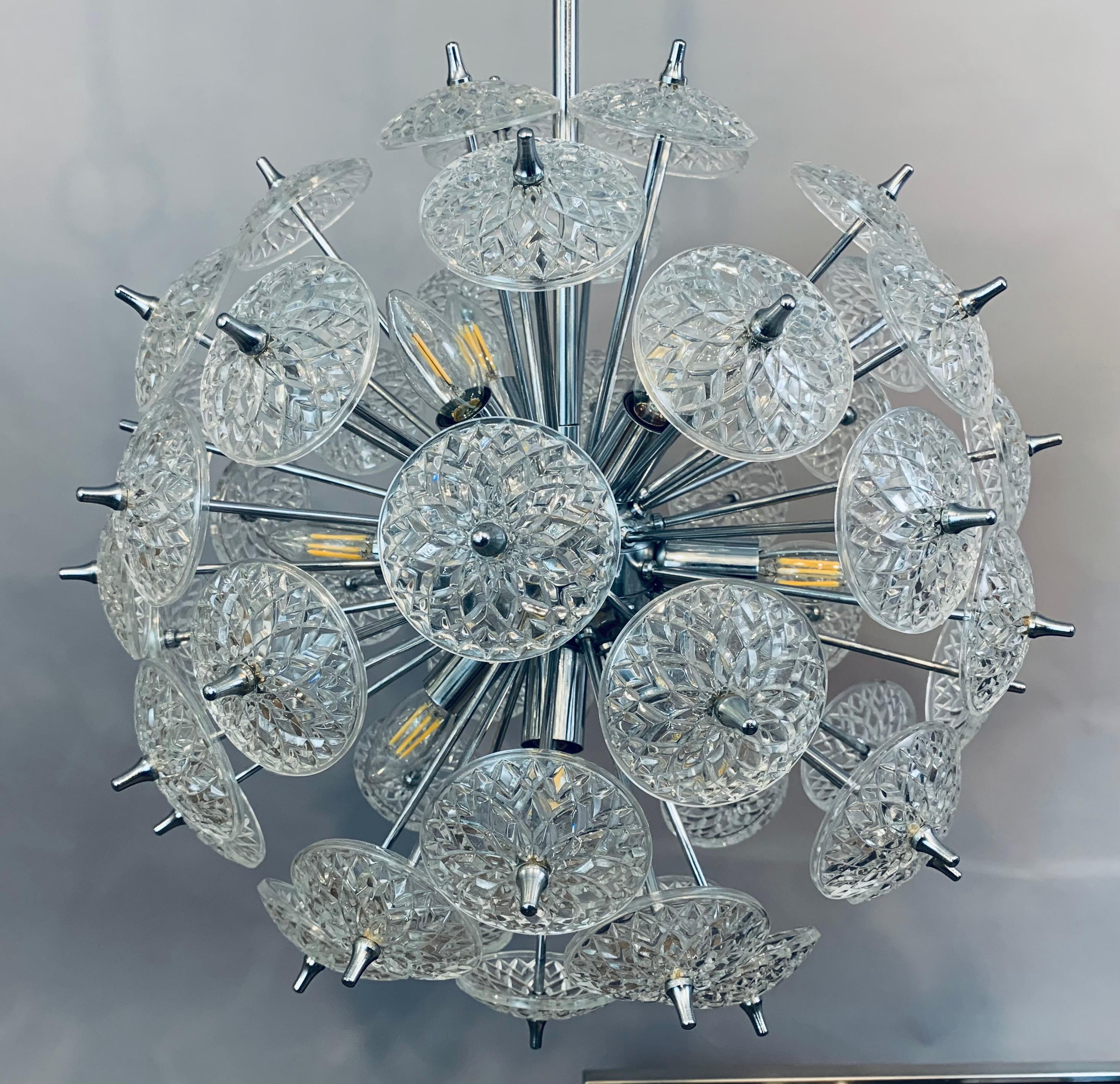 1960s Belgium Val St Lambert Cut Glass & Polished Chrome Sputnik Chandelier 11