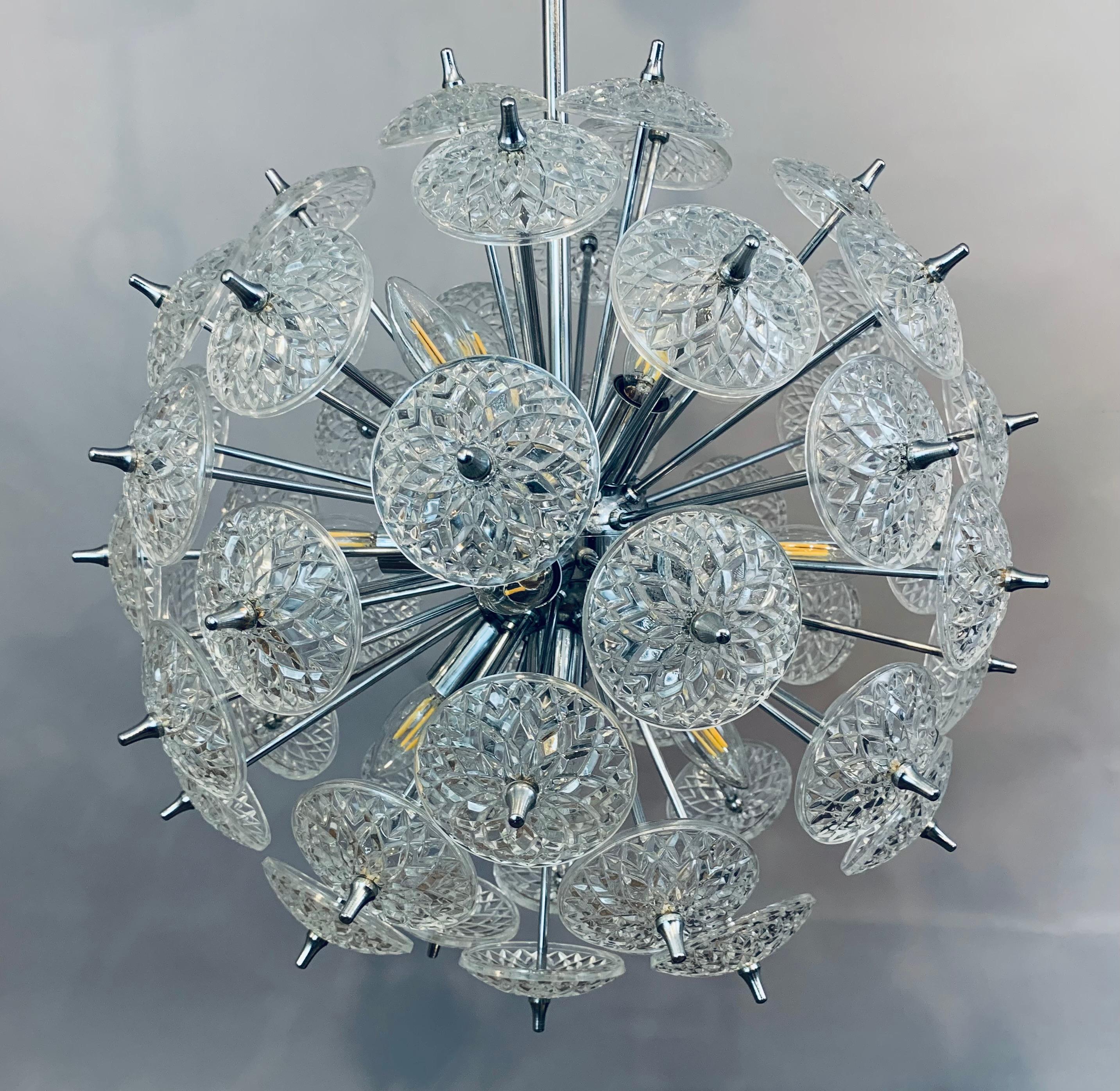 1960s Belgium Val St Lambert Cut Glass & Polished Chrome Sputnik Chandelier 12