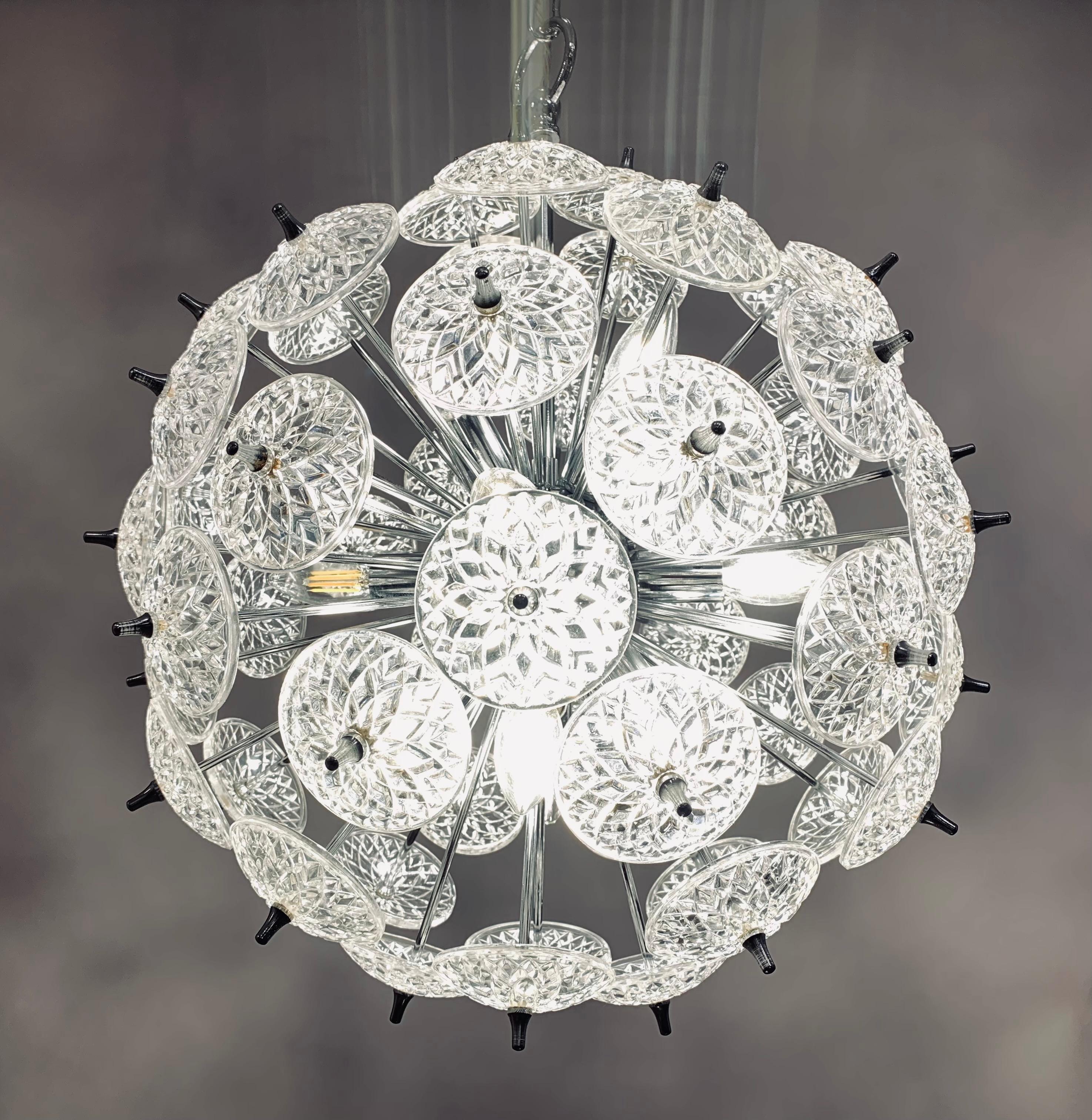 Space Age 1960s Belgium Val St Lambert Cut Glass & Polished Chrome Sputnik Chandelier