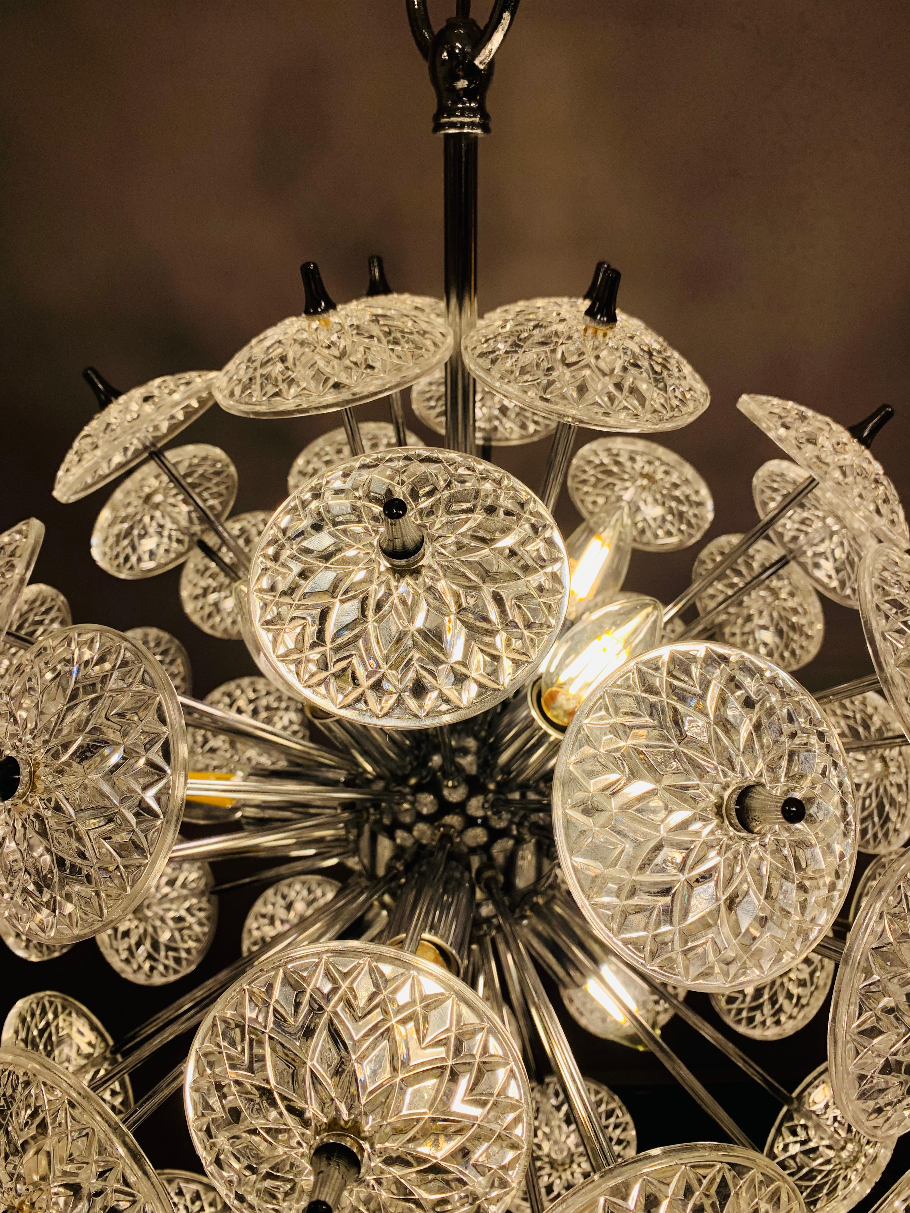 1960s Belgium Val St Lambert Cut Glass & Polished Chrome Sputnik Chandelier In Good Condition In London, GB