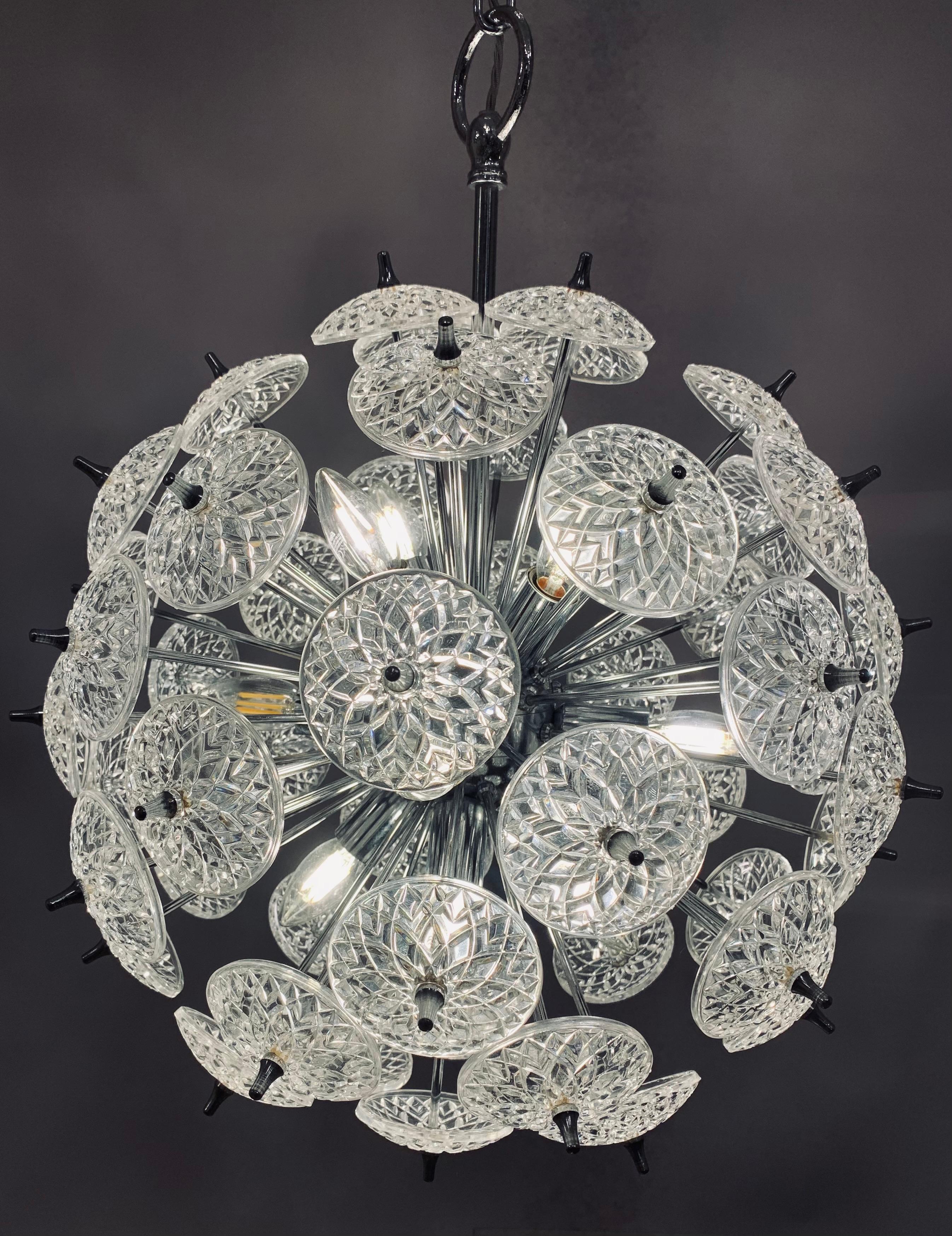 20th Century 1960s Belgium Val St Lambert Cut Glass & Polished Chrome Sputnik Chandelier