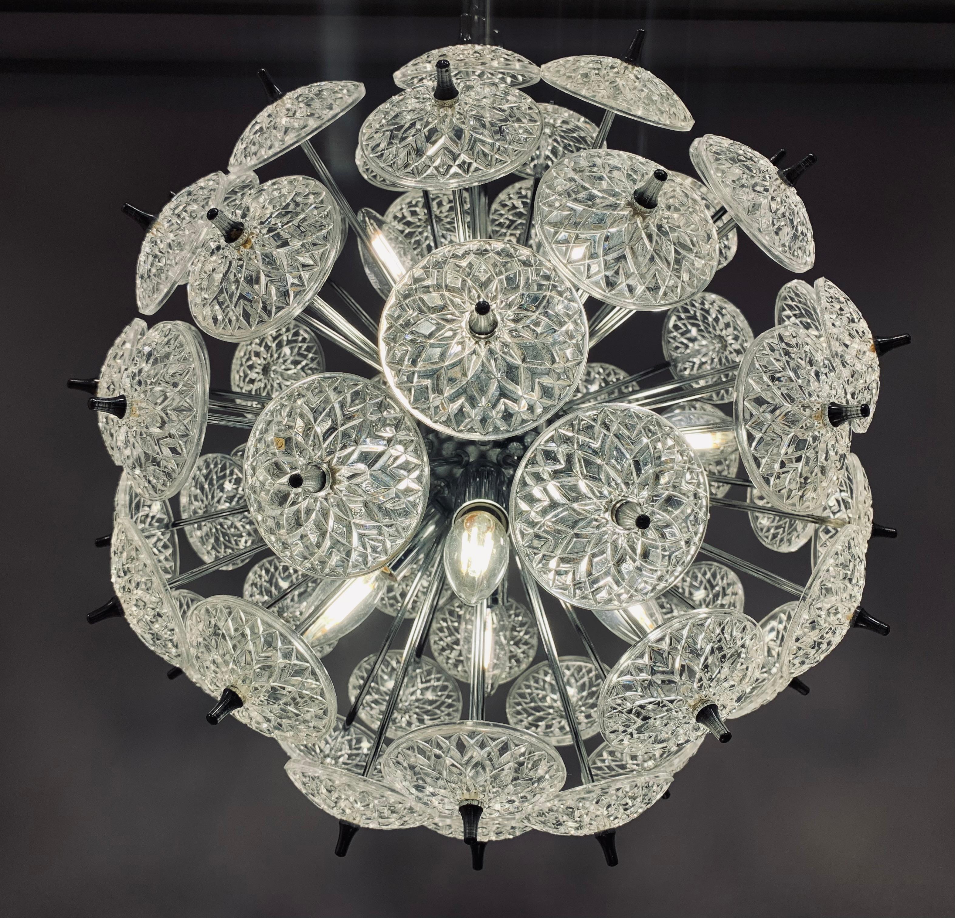 1960s Belgium Val St Lambert Cut Glass & Polished Chrome Sputnik Chandelier 2