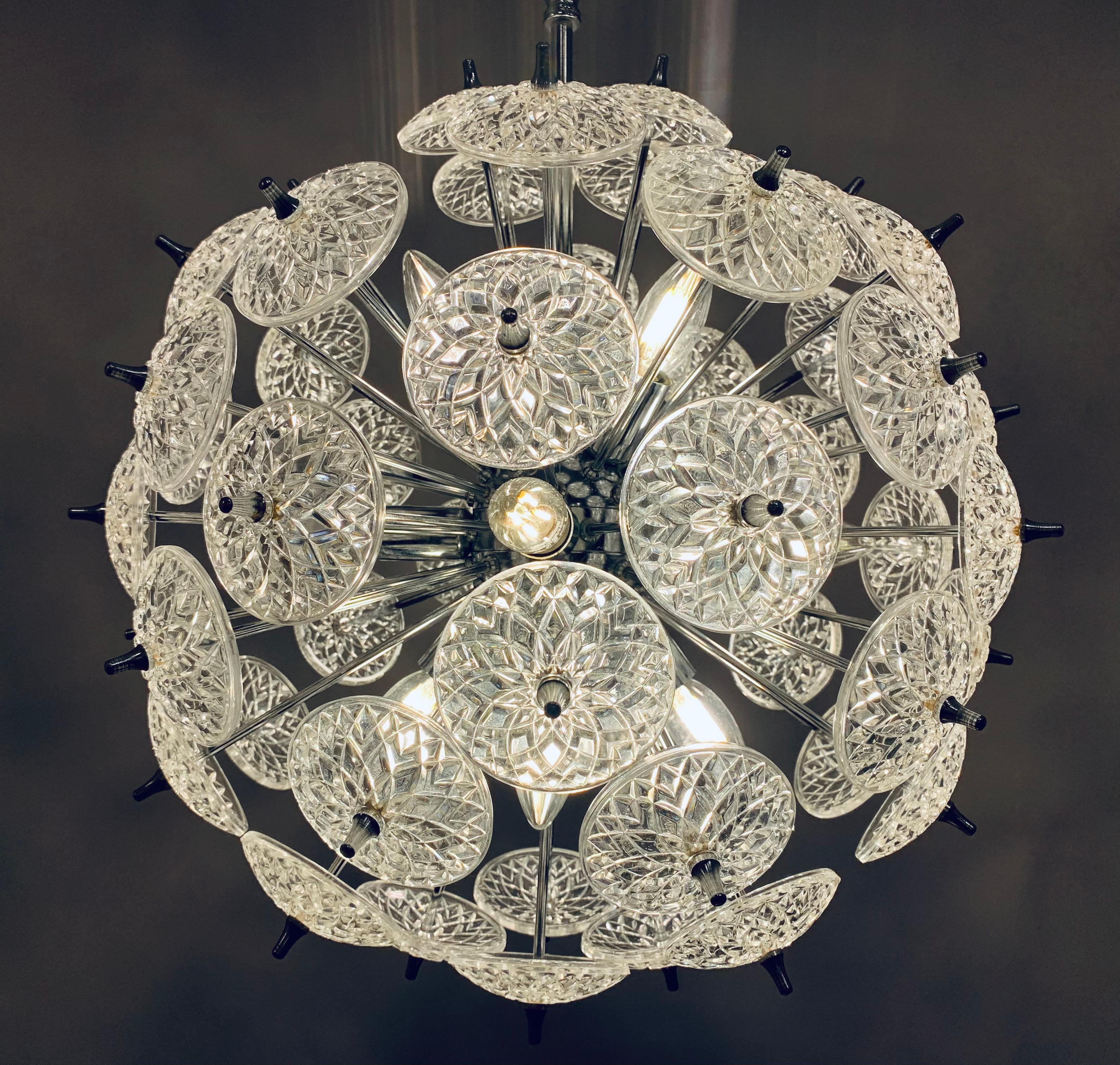 1960s Belgium Val St Lambert Cut Glass & Polished Chrome Sputnik Chandelier 3