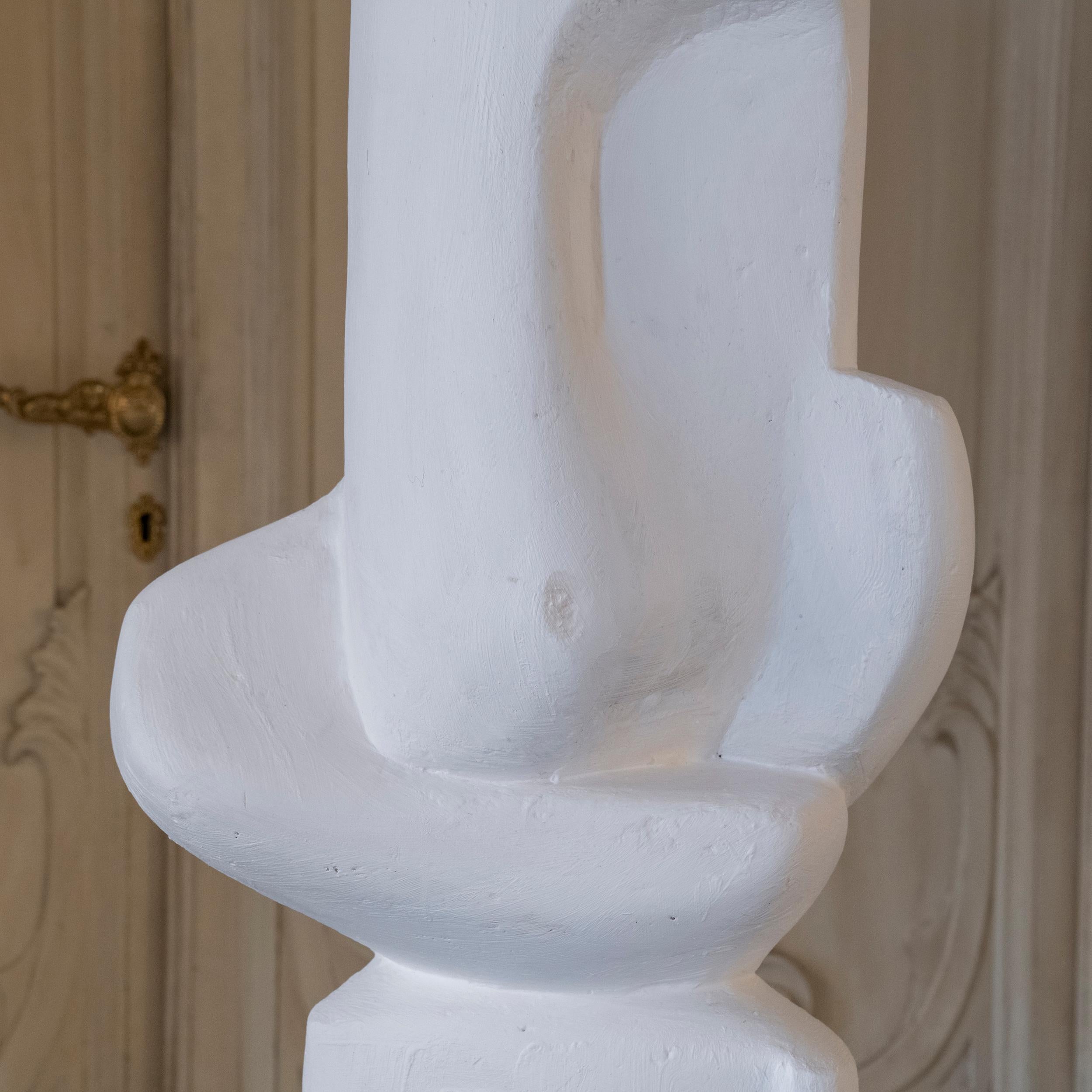1960's Belgium White Plaster Abstract Totem Sculpture, Natural Steel Base 6