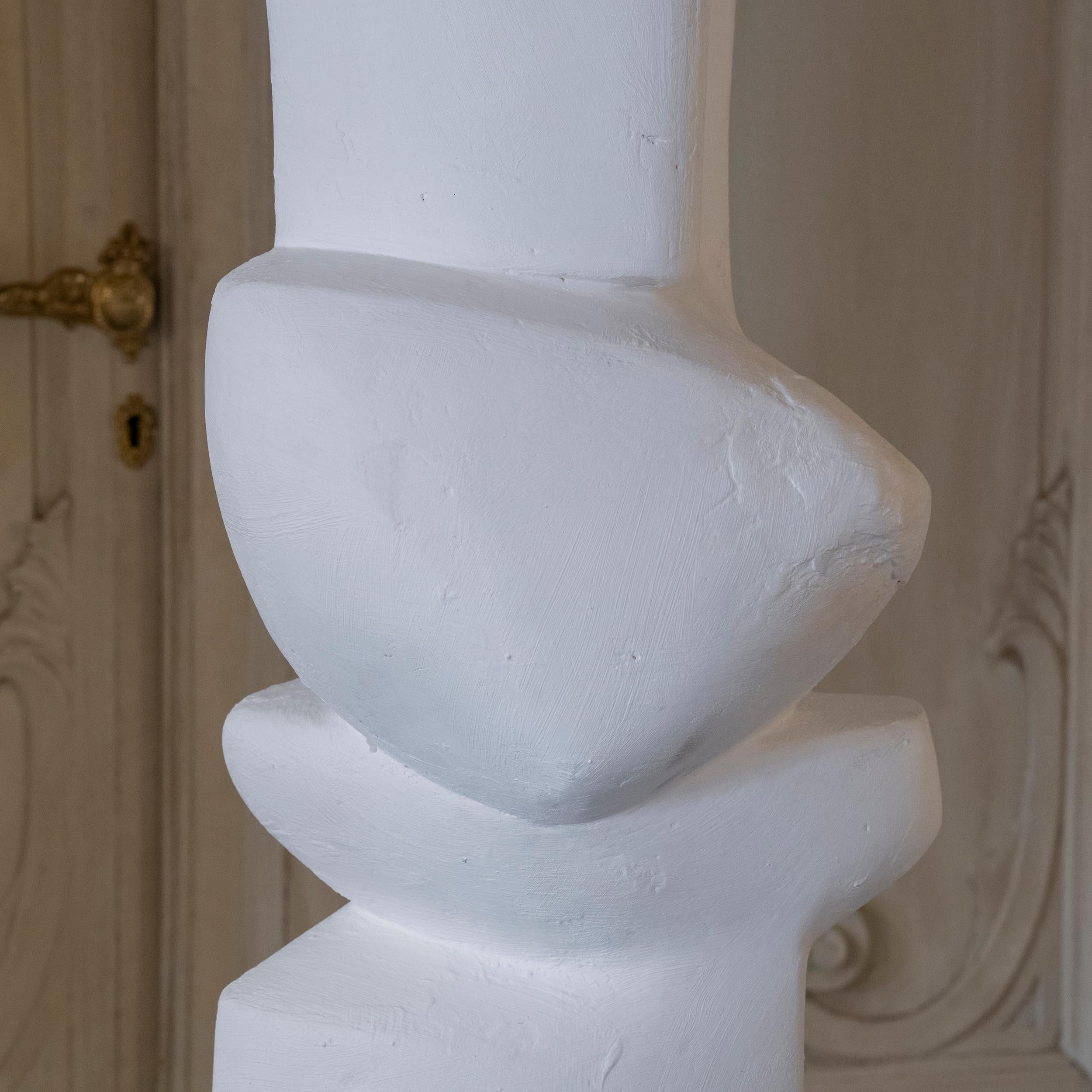 1960's Belgium White Plaster Abstract Totem Sculpture, Natural Steel Base 8