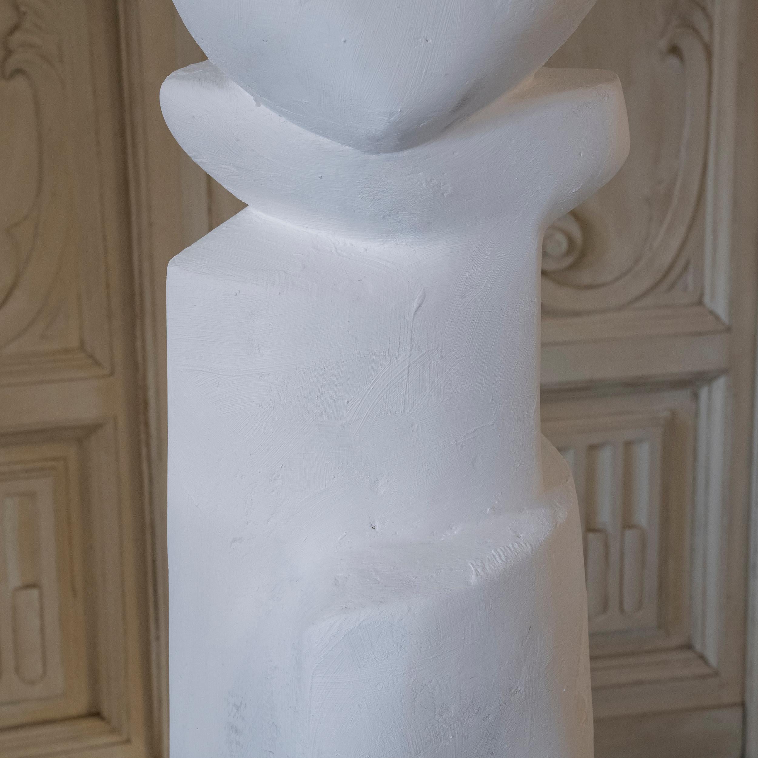 1960's Belgium White Plaster Abstract Totem Sculpture, Natural Steel Base 9