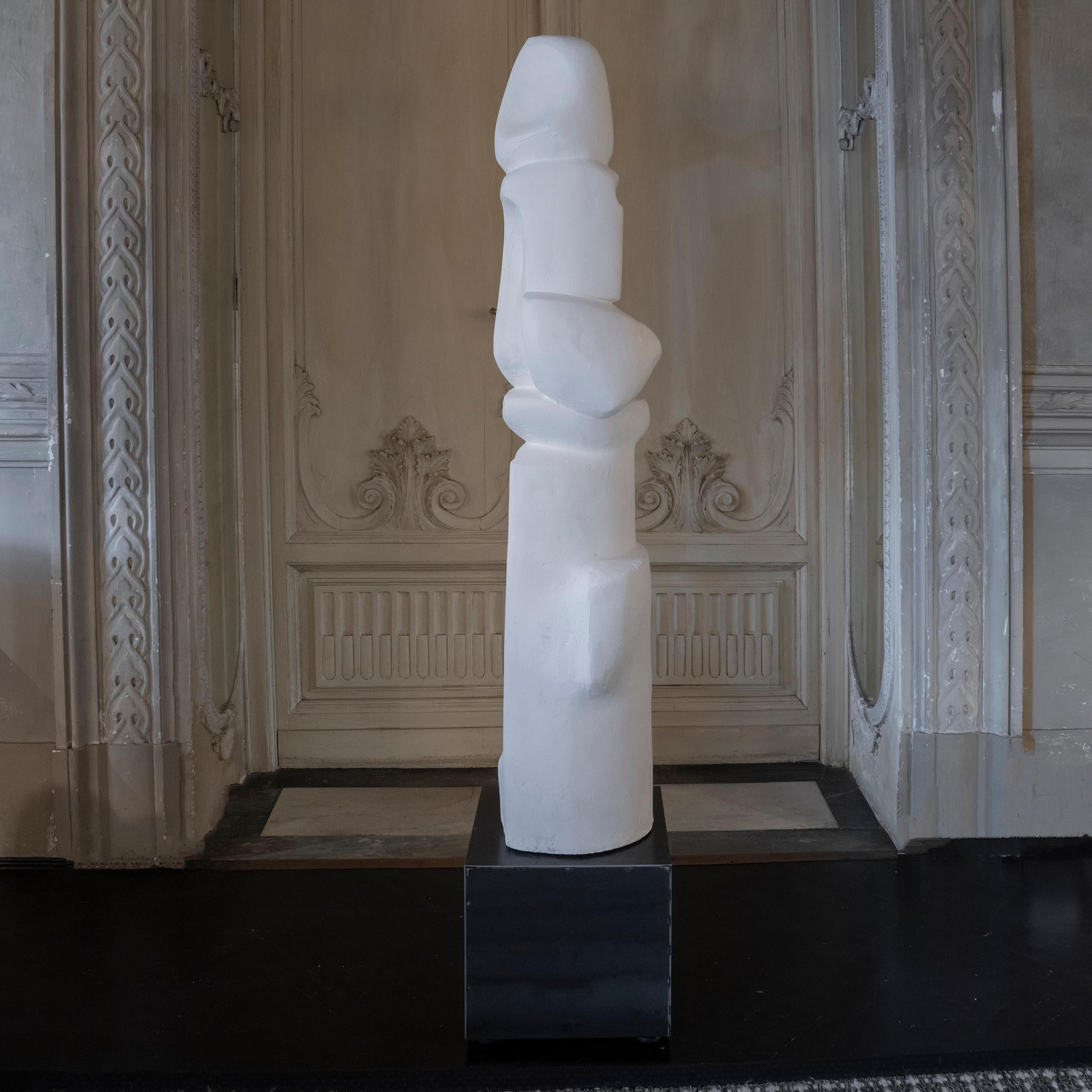 Belgian 1960's Belgium White Plaster Abstract Totem Sculpture, Natural Steel Base