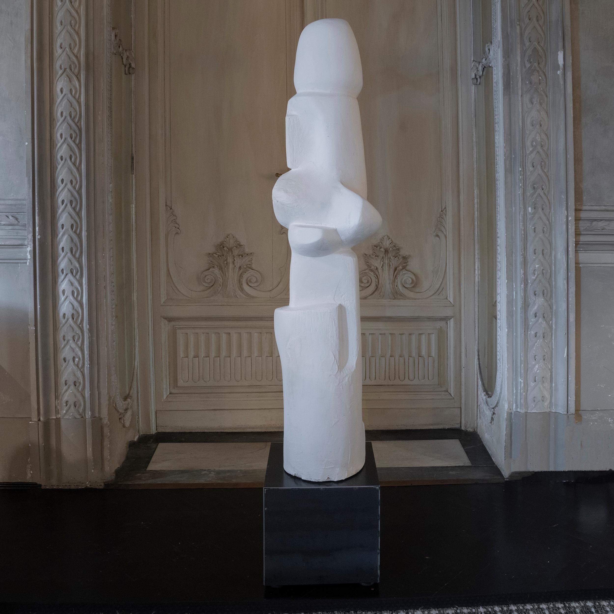 1960's Belgium White Plaster Abstract Totem Sculpture, Natural Steel Base 1