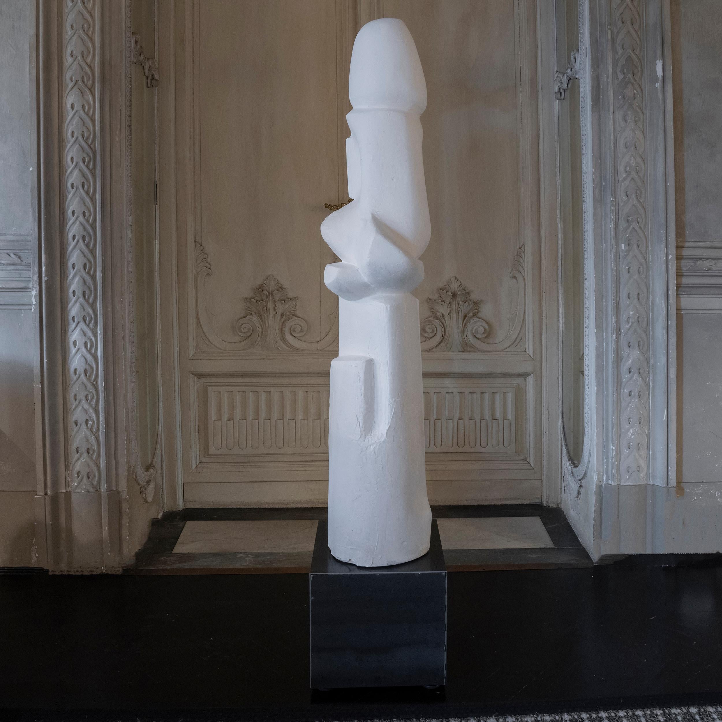 1960's Belgium White Plaster Abstract Totem Sculpture, Natural Steel Base 2