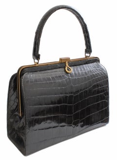 1960s Bellestone Bag Black Crocodile Alligator Exotic Skin Top Handle Belgium