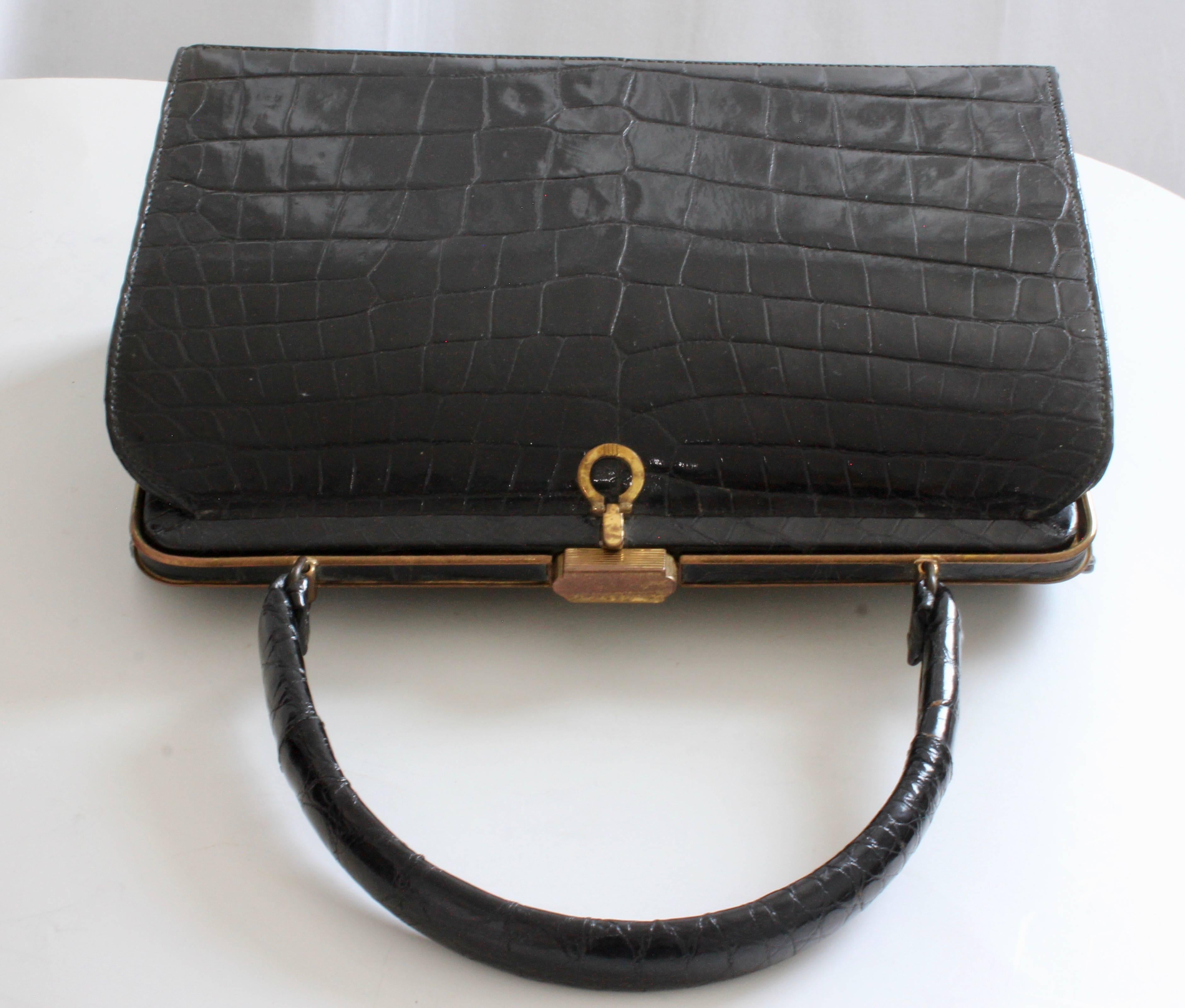 Women's 1960s Bellestone Bag Black Crocodile Alligator Exotic Skin Top Handle Belgium 