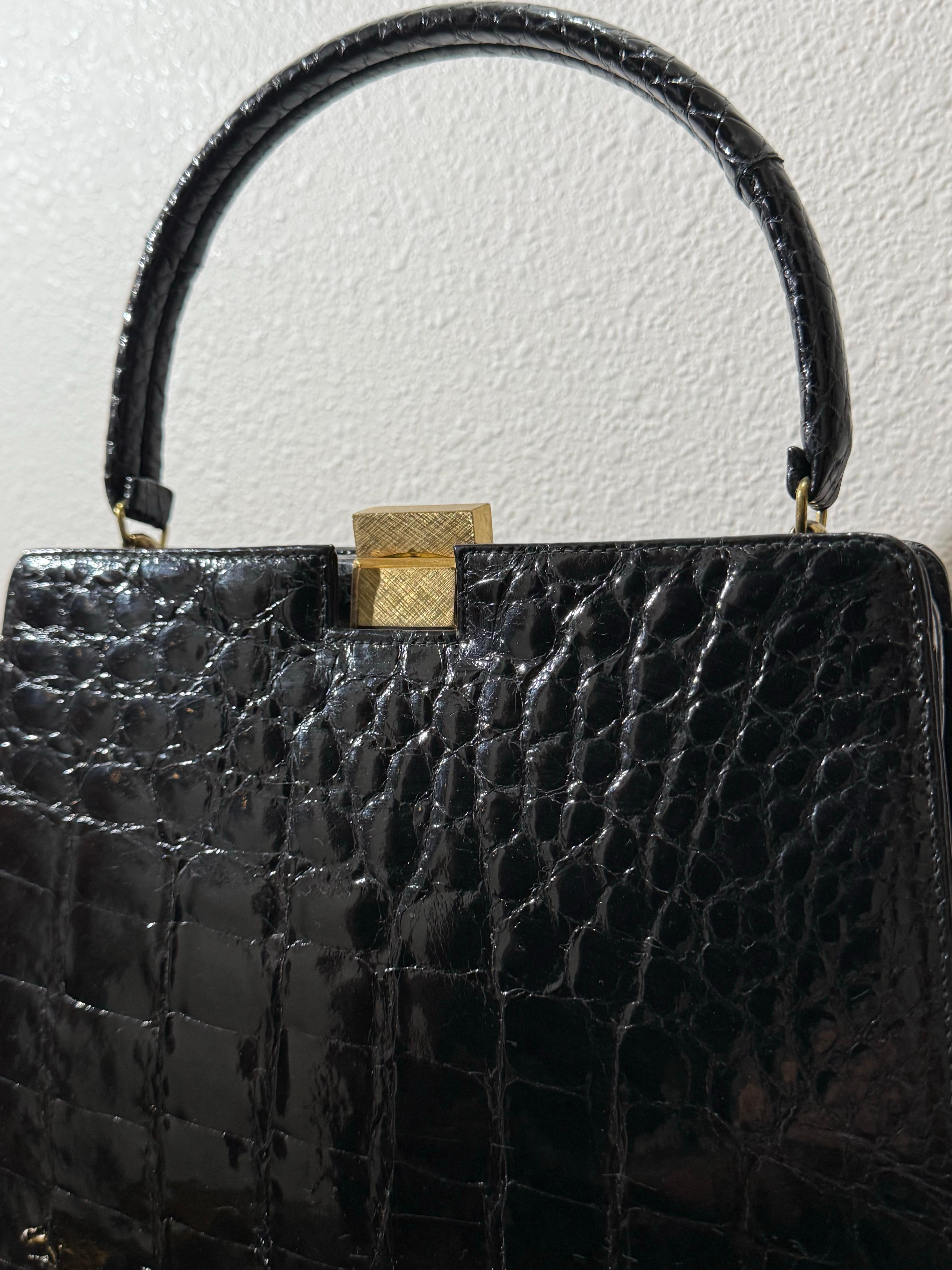 Nero Bellestone 1960, borsa da donna in alligatore nero con manico superiore - immacolata